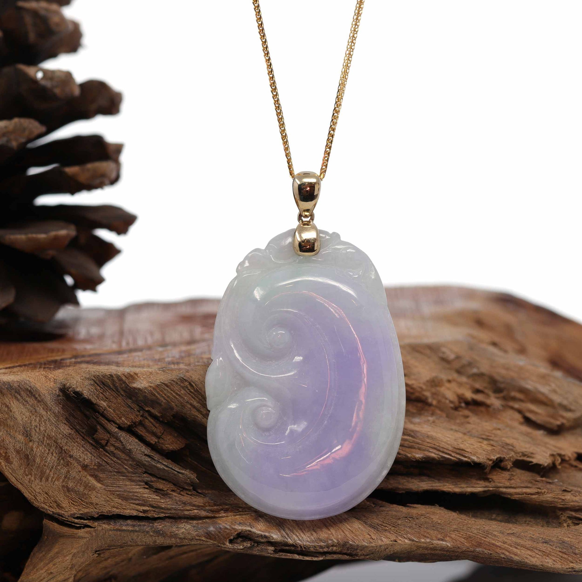 Baikalla Jewelry Jade Guanyin Pendant Necklace Genuine Lavender Jadeite Jade RuYi Pendant Necklace With 14K Yellow Gold Bail