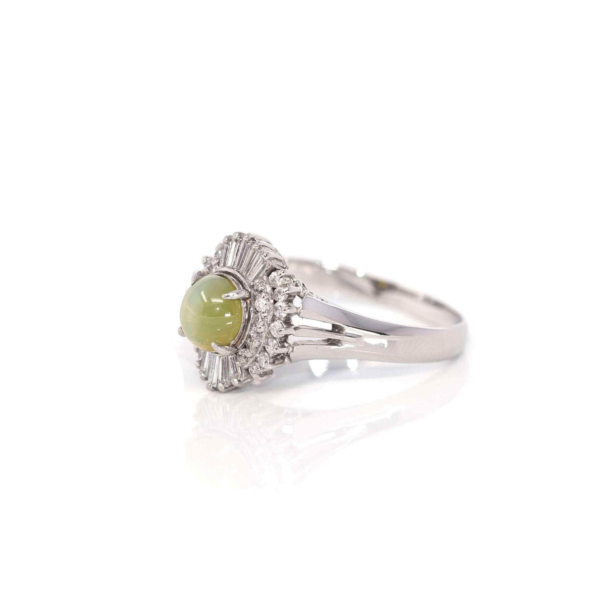 Baikalla Jewelry Gold Gemstone Ring 18k White Gold Natural Green Chrysoberyl Cat's Eye Ring with Diamond