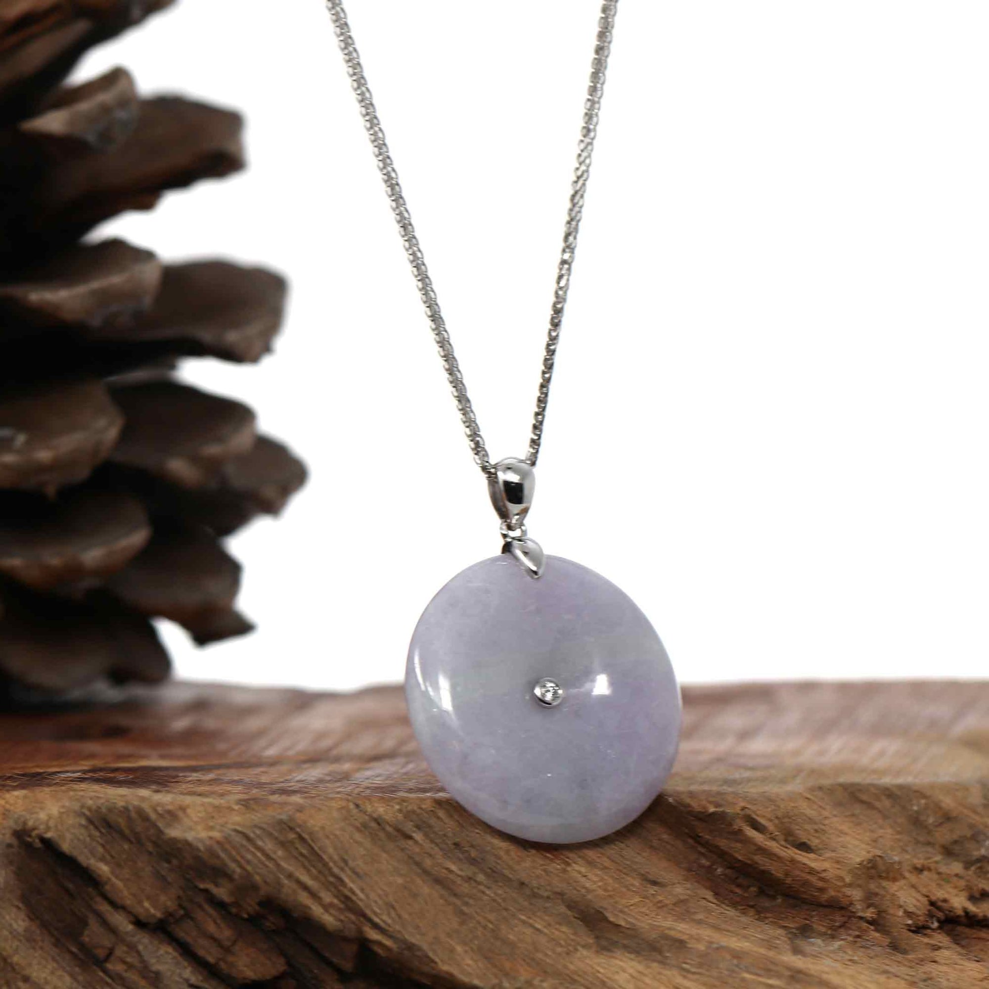 Baikalla Jewelry Gold Jadeite Jade Pendant Necklace "Good Luck Button" Lavender & Green Jadeite Jade Lucky KouKou Pendant With 14K White Gold Bail & Diamond In Center.