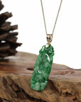 Baikalla Jewelry Jade Guanyin Pendant Necklace Genuine Apple Green- White Jadeite Jade Fu Zai Yan Qian Pendant Necklace With 14K Yellow Gold Bail