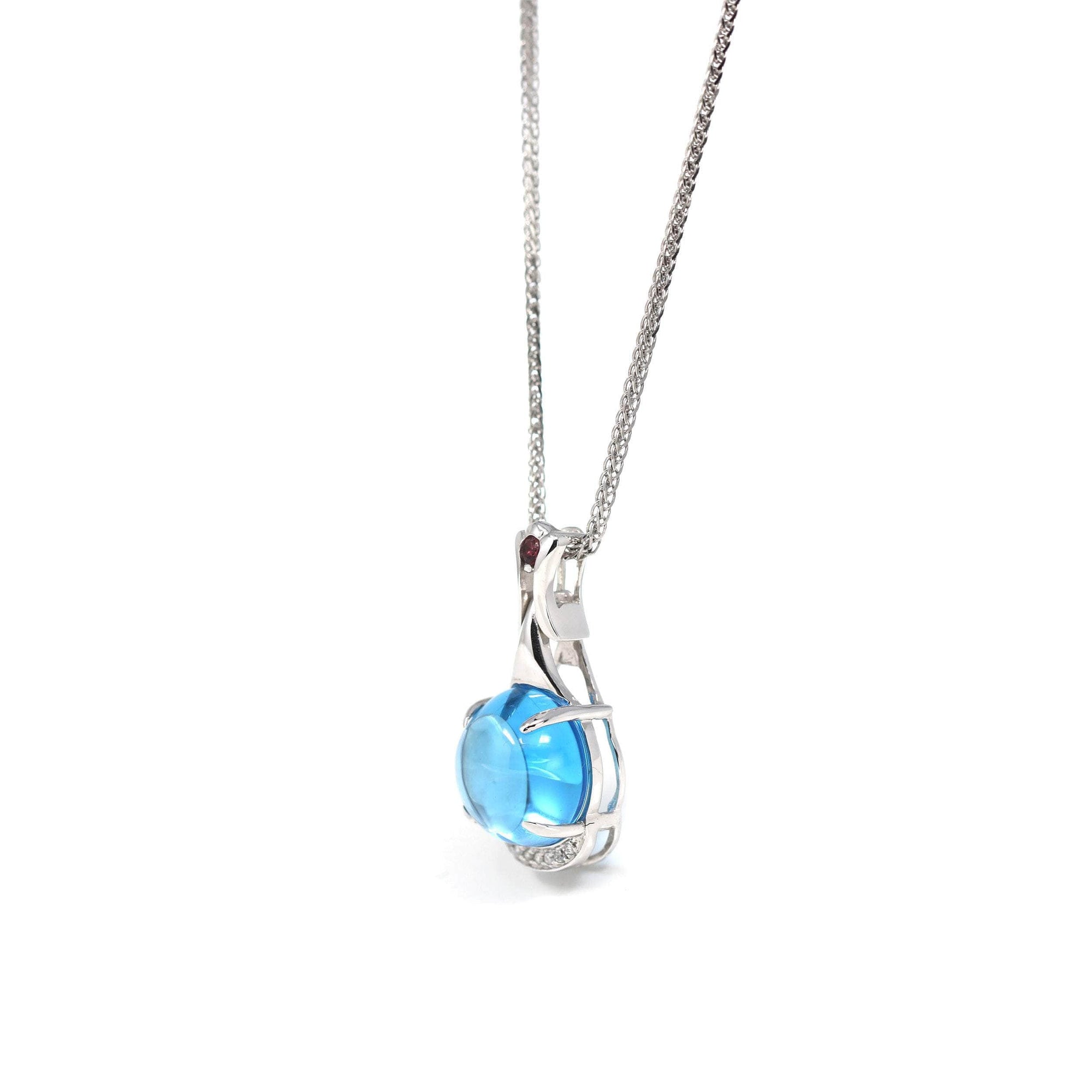 Baikalla Jewelry gemstone jewelry 18k White Gold Genuine Cabochon Cut London Blue Topaz & Diamonds Pendant Necklace