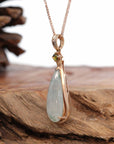 Baikalla Jewelry 18k Gold Jadeite Necklace 18K Rose Gold "Tear-Drop" Ice Jadeite Jade Cabochon Necklace with Diamonds