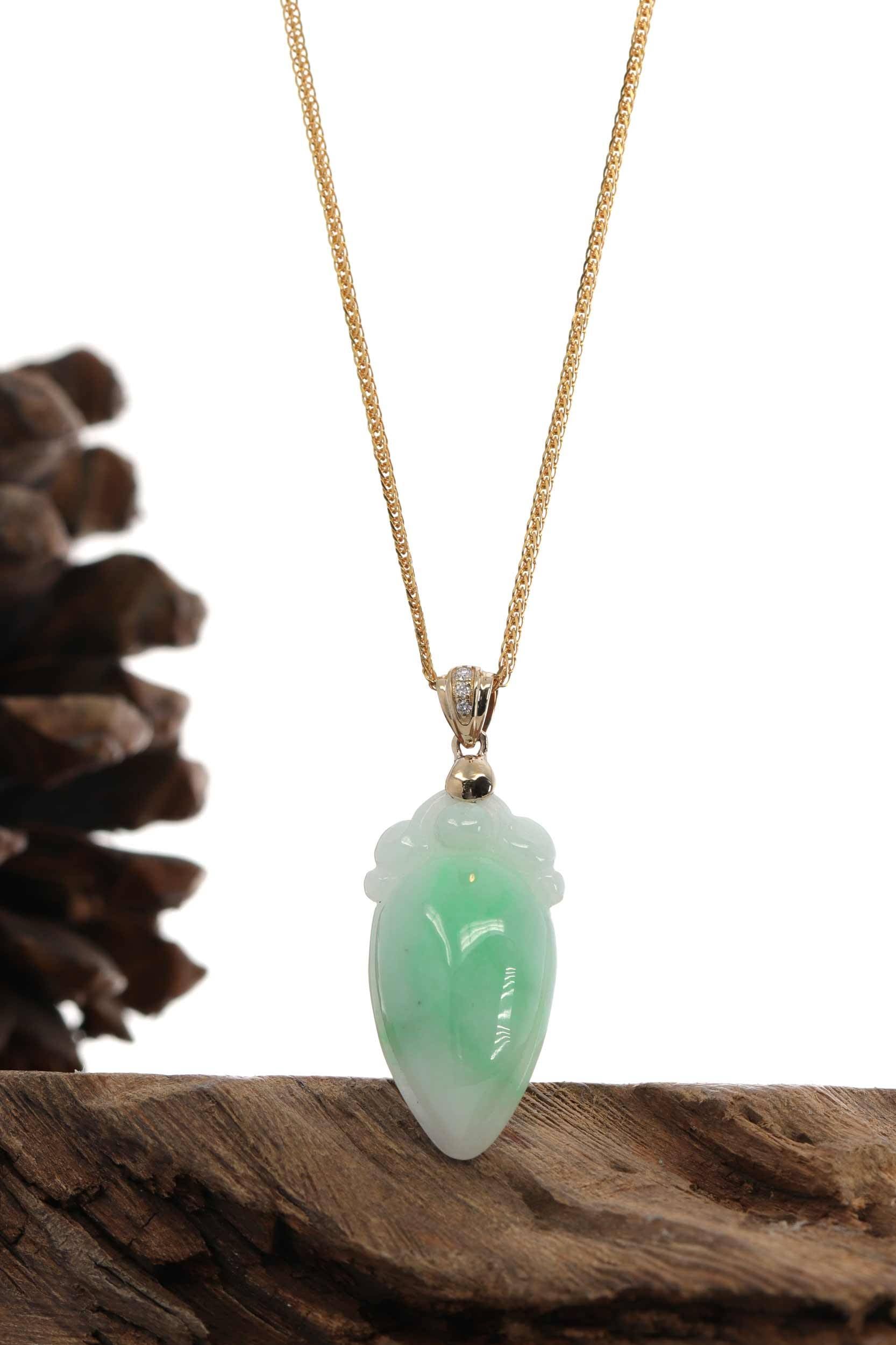 Baikalla Jewelry Jade Pendant Natural Jadeite "Longevity Peach" ShouTao Necklace With 14k Yellow Gold Diamond Bail