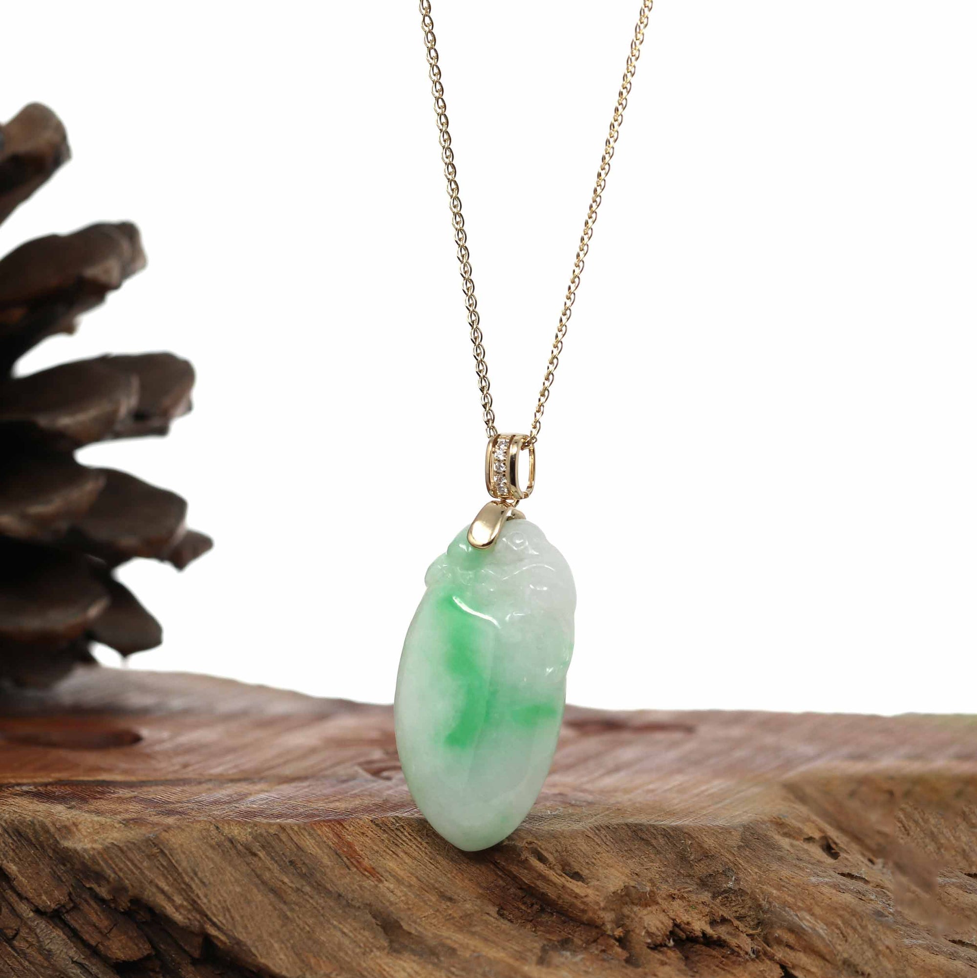 Baikalla Jewelry Jade Pendant Natural Green Jadeite Jade Shou Tao (Longevity Peach) Necklace With 14k Yellow Gold Diamond Bail