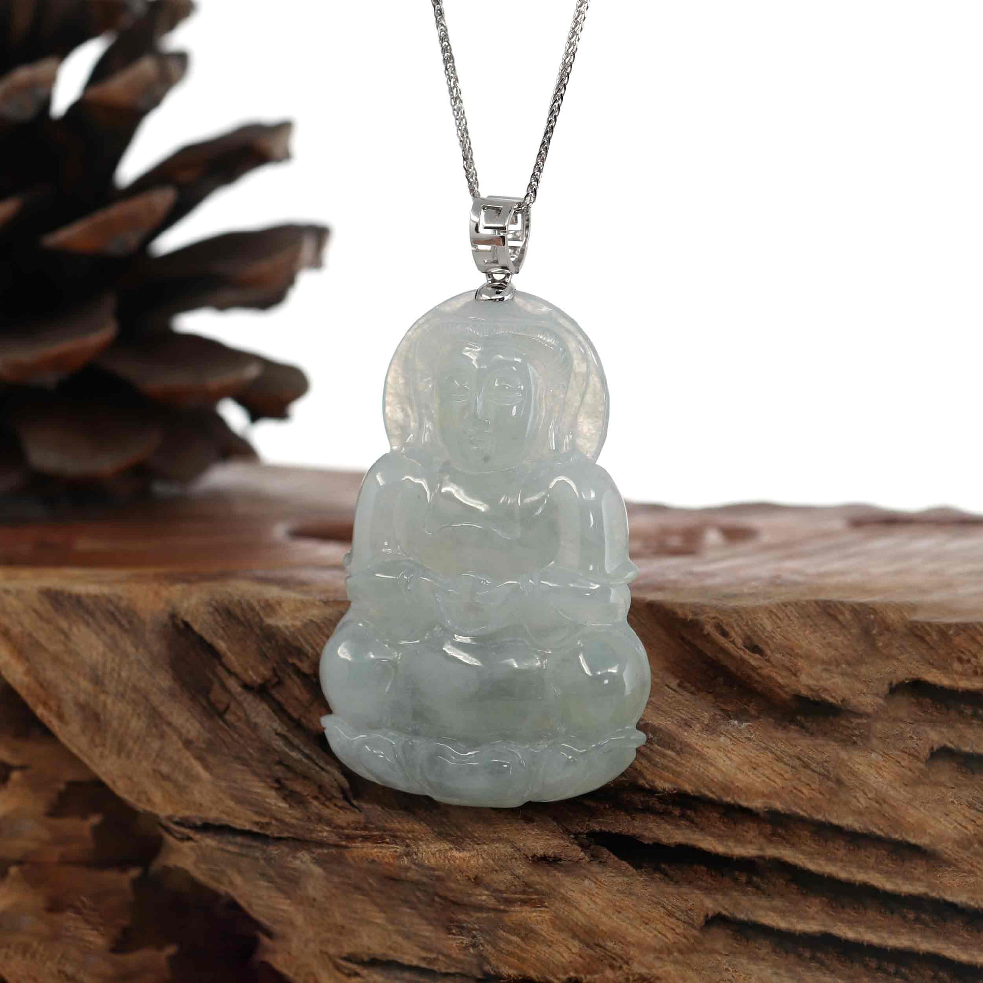 Baikalla Jewelry Jade Guanyin Pendant Necklace Baikalla "Goddess of Compassion" Genuine Burmese Ice Blue Jadeite Jade Guanyin Necklace With Good Luck Design 14K Gold  Bail