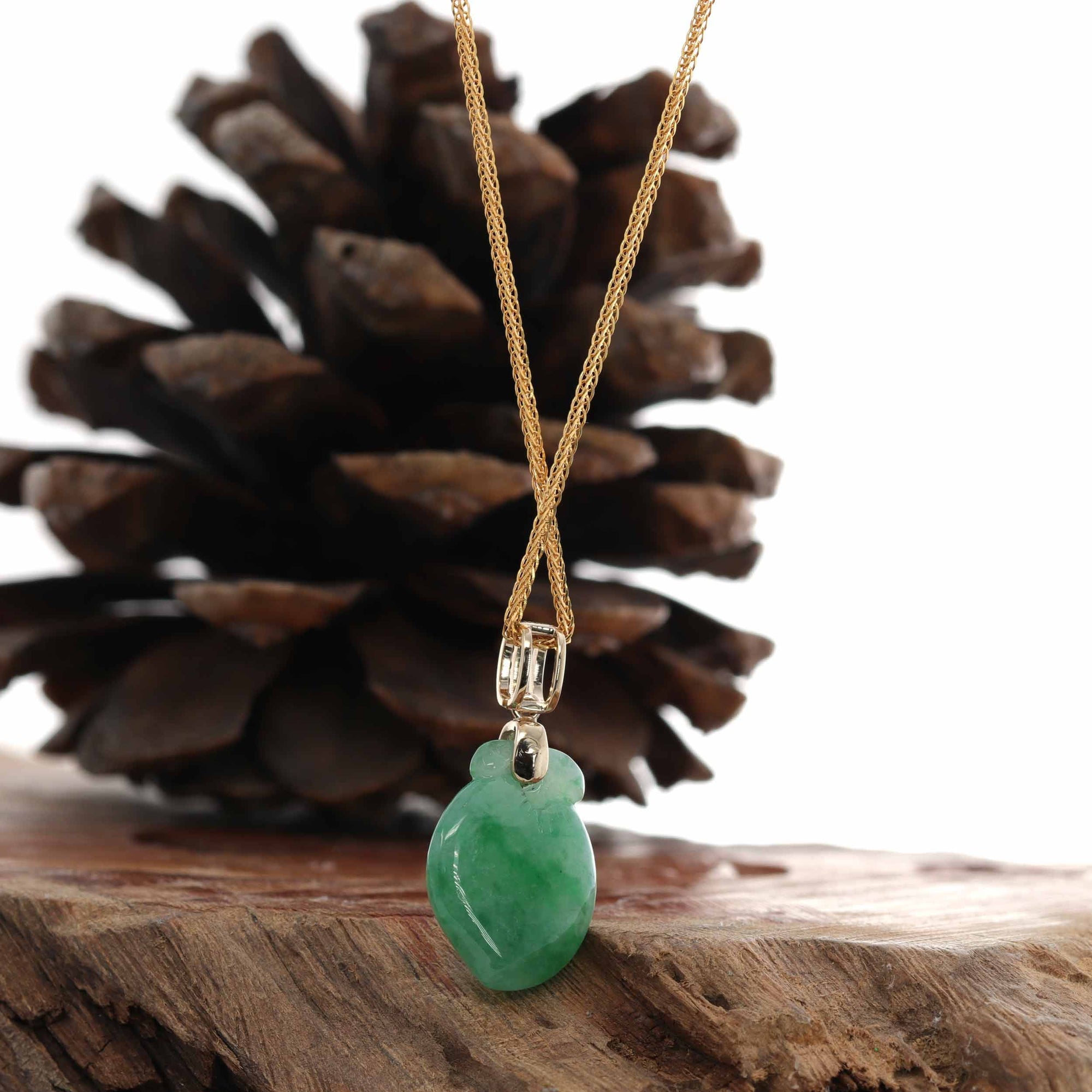 Baikalla Jewelry Jade Pendant 14k Yellow Gold Natural Jadeite Jade "Longevity Peach" Shou Tao Necklace