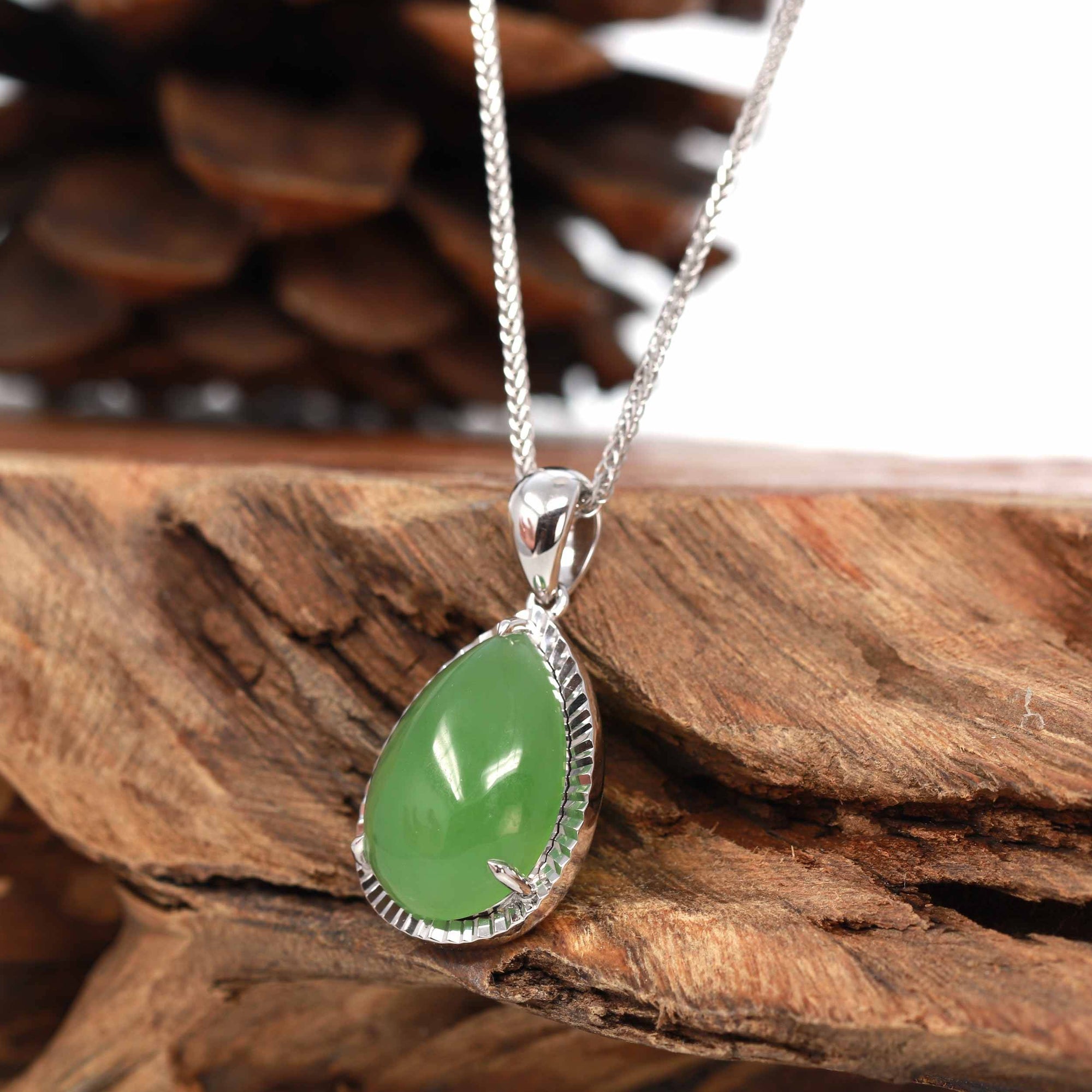 Baikalla Jewelry Gold Jade Pendant 14K White Gold / Pendant Only 14K Gold &quot;Classic Tear Drop&quot; Green Apple Green Jade Diamond Cut Setting Pendant Necklace