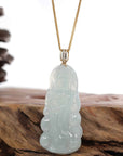 Baikalla Jewelry Jade Guanyin Pendant Necklace Baikalla 14k Yellow Gold "Goddess of Compassion" Genuine Ice Burmese Jadeite Jade Guanyin Necklace With Gold Diamond Bail