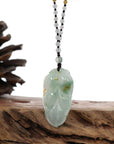 Baikalla Jewelry Jade Pendant Necklace Genuine Ice Blue-Green Jadeite Jade "Good Fortune Leaf" Pendant Necklace With Real Jadeite Bead Necklace