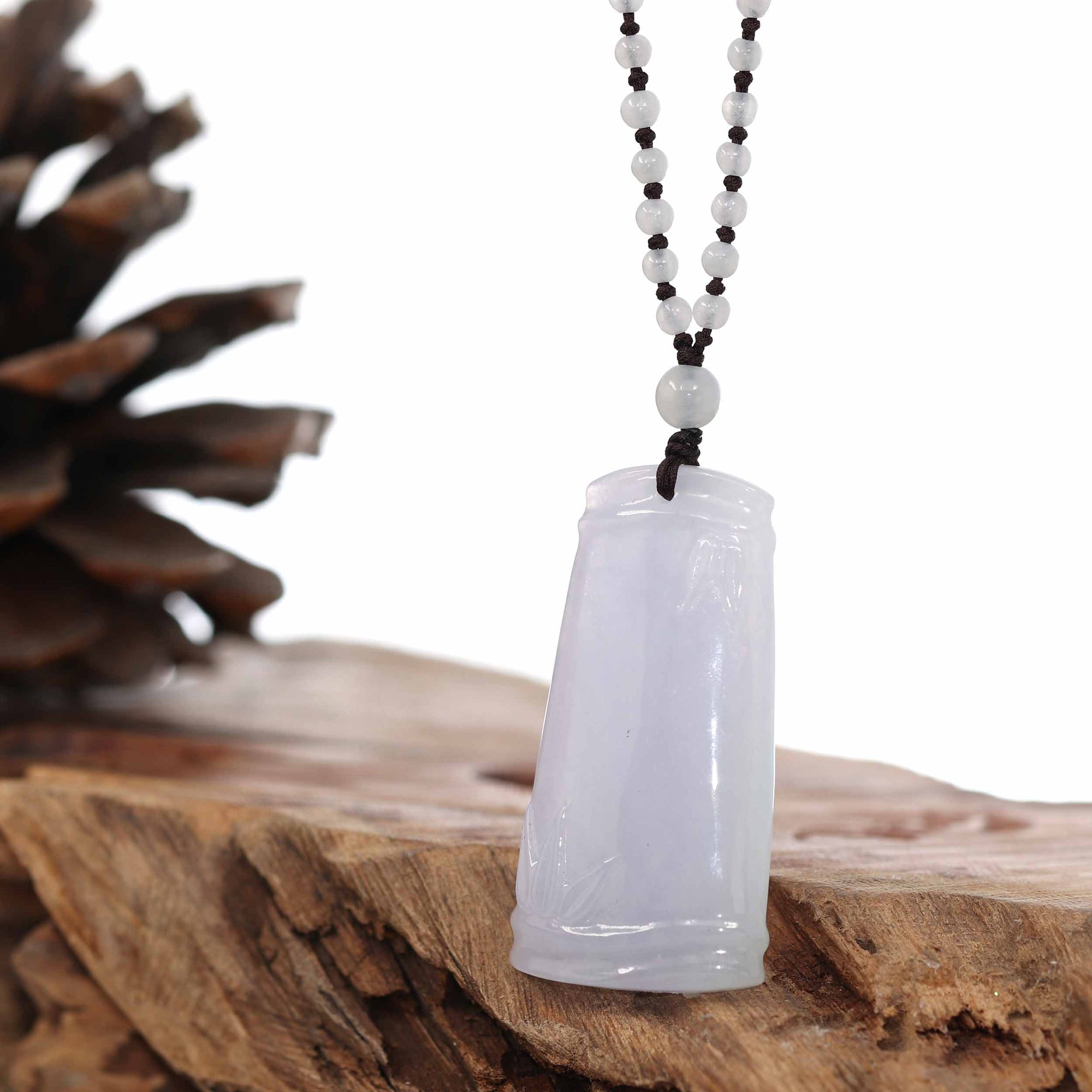 Baikalla Jewelry Jade Pendant Necklace Genuine Light Lavender Jadeite Jade "Good Luck Bamboo" Pendant Necklace With Real Jadeite Bead Necklace