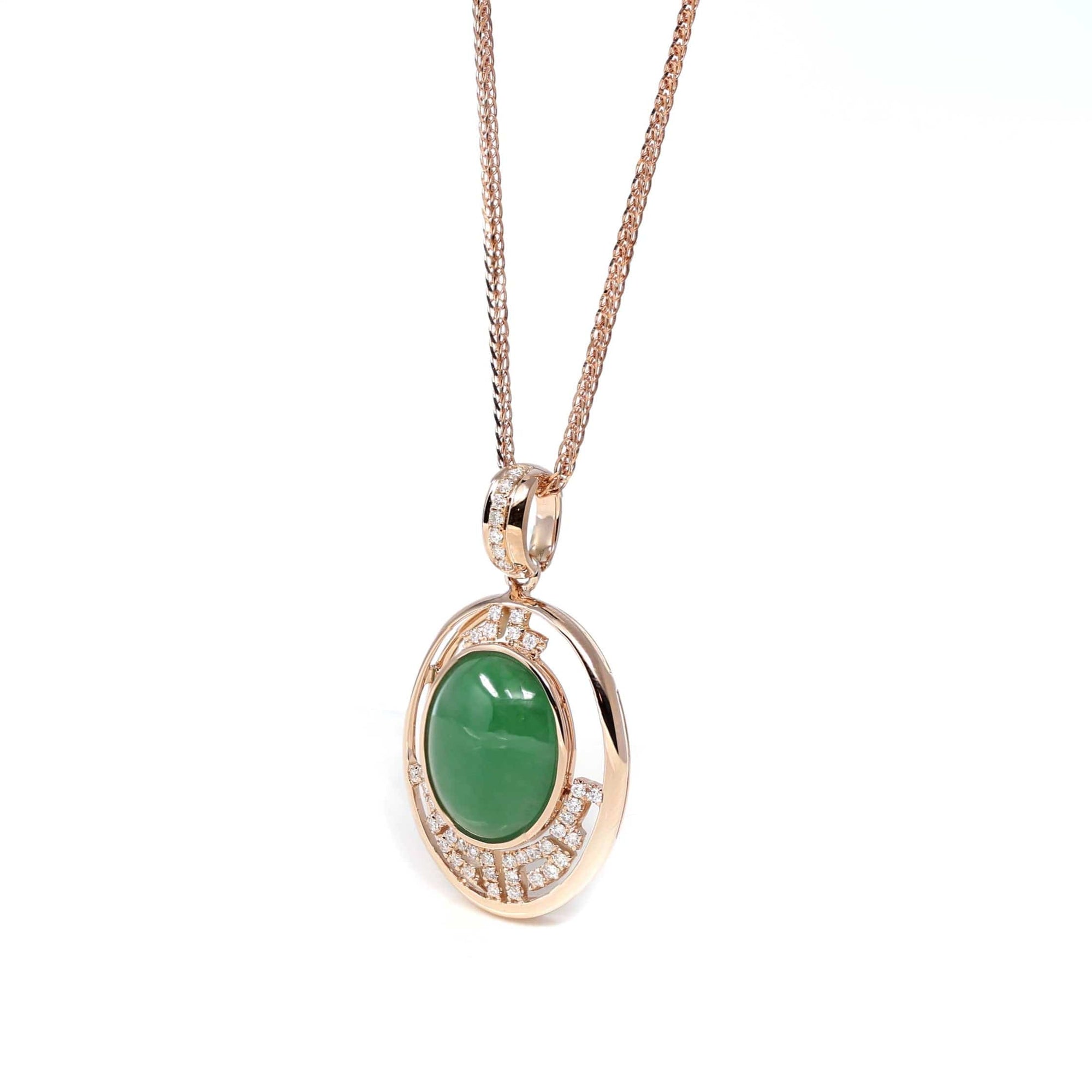 Baikalla Jewelry 18k Gold Jadeite Necklace 18K Rose Gold Oval Imperial Jadeite Jade Cabochon Necklace with Diamonds