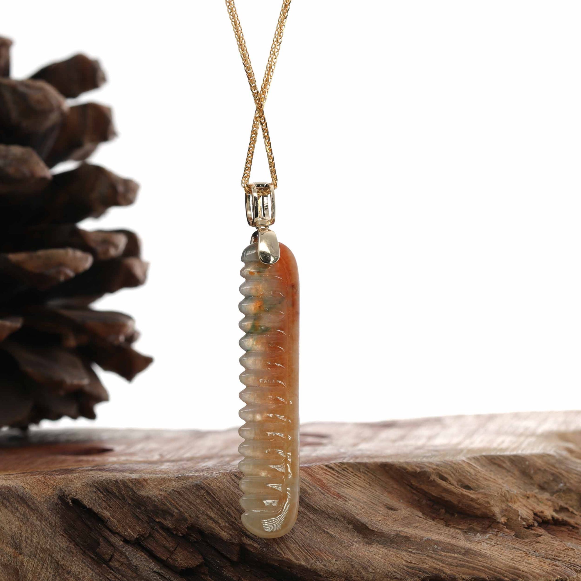 Baikalla Jewelry Jade Pendant 14K Yellow Natural Red & Brown Jadeite Jade Comb Necklace