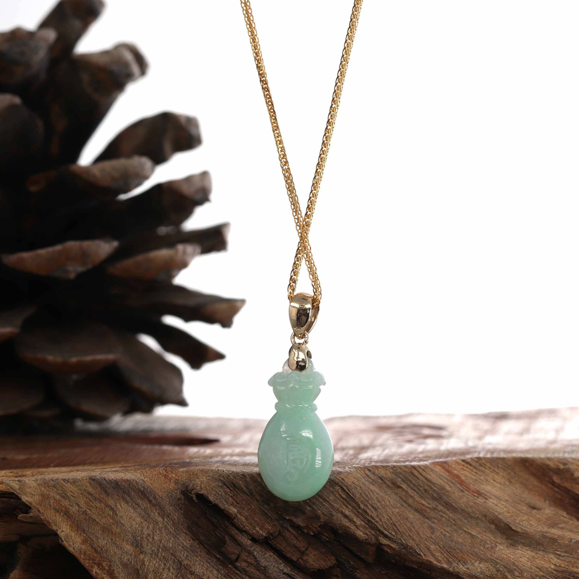 Baikalla Jewelry Jade Pendant Natural Green Jadeite Jade "Magic Bottle Gourd" Hulu Necklace With 14k Yellow Gold Bail