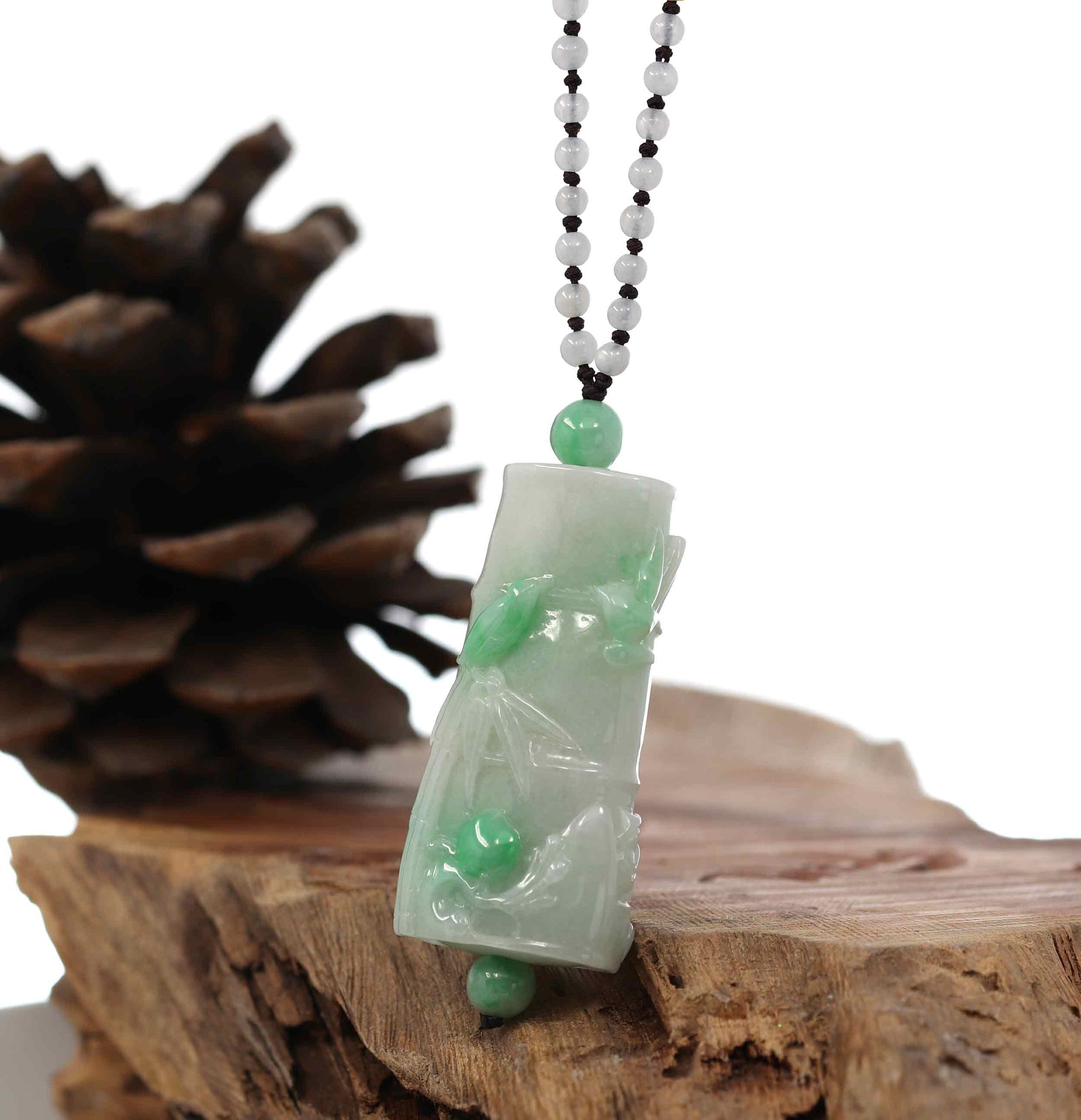 Baikalla Jewelry Jade Pendant Necklace Genuine White & Green Jadeite Jade "Good Luck Bamboo" Pendant Necklace With Real Jadeite Bead Necklace