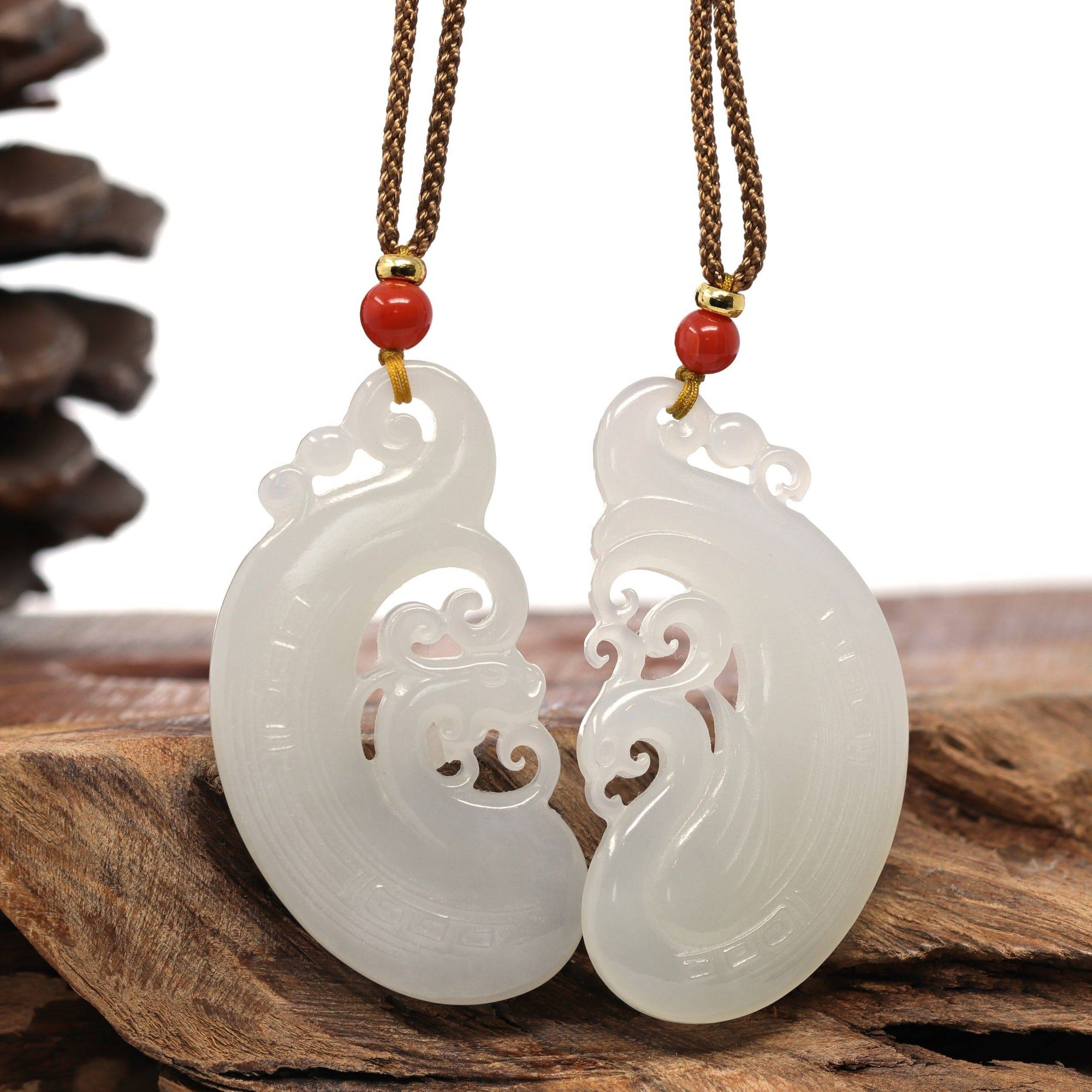 Baikalla Jewelry Jade Pendant Necklace A Pair Baikalla™ &quot;Classic Dragon &amp; Phoenix&quot; Genuine HeTian White Nephrite Jade LongFeng Pendant Necklace