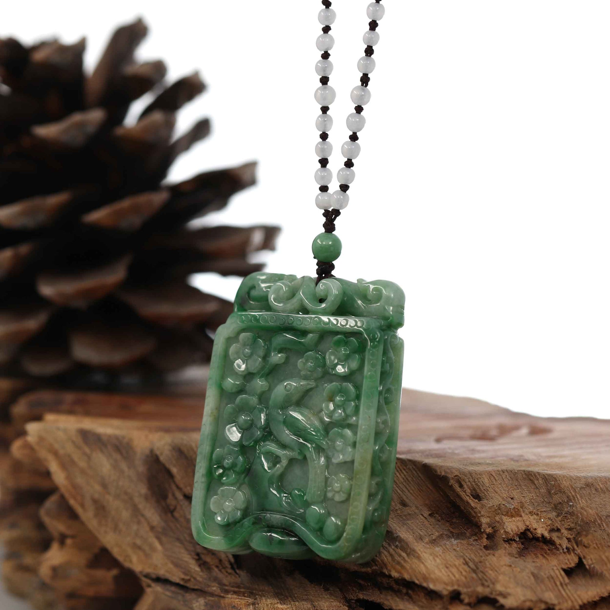 Baikalla Jewelry Jade Guanyin Pendant Necklace Genuine Green Jadeite Jade "Lucky Bird on Branch" Pendant Necklace With Real Jadeite jade Beads Necklace