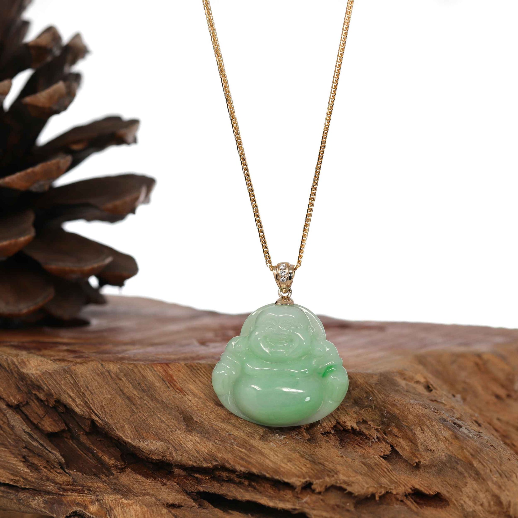 Baikalla Jewelry Gold Jadeite Jade Pendant Necklace Natural Burmese Jadeite Jade Happy Buddha With 14k Yellow VS1 Diamond Bail