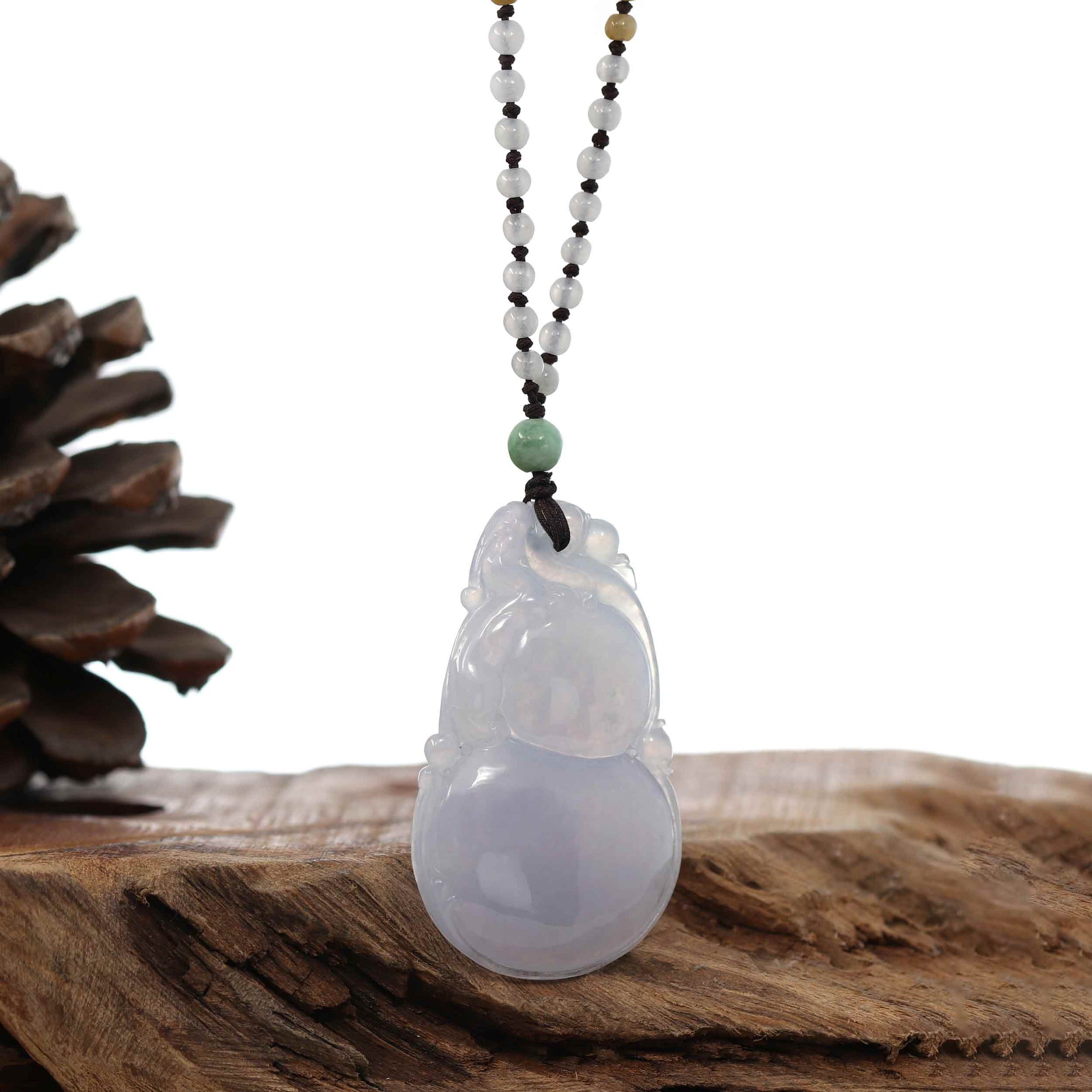 Baikalla Jewelry Jade Pendant Necklace Genuine Ice Light Lavender Jadeite Jade "Good Luck HuLu with Dragon Accent" Pendant Necklace With Real Jadeite Beads Necklace