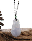 Baikalla Jewelry Jade Pendant Necklace Genuine Ice Light Lavender Jadeite Jade "Good Luck HuLu with Dragon Accent" Pendant Necklace With Real Jadeite Beads Necklace