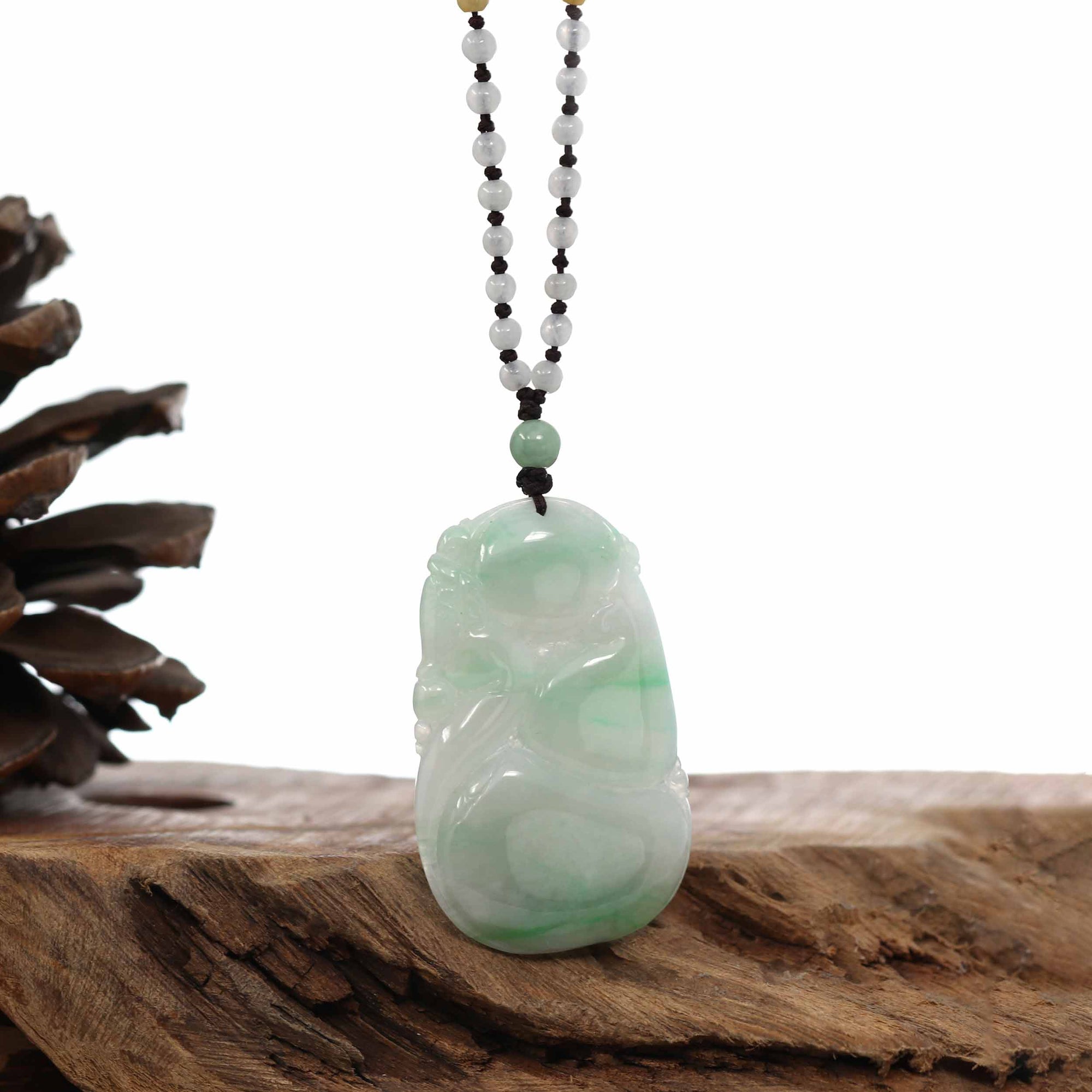 Baikalla Jewelry Jade Pendant Necklace Genuine Green Jadeite Jade "Good Luck HuLu with Dragon" Pendant Necklace With Real Jadeite Bead Necklace