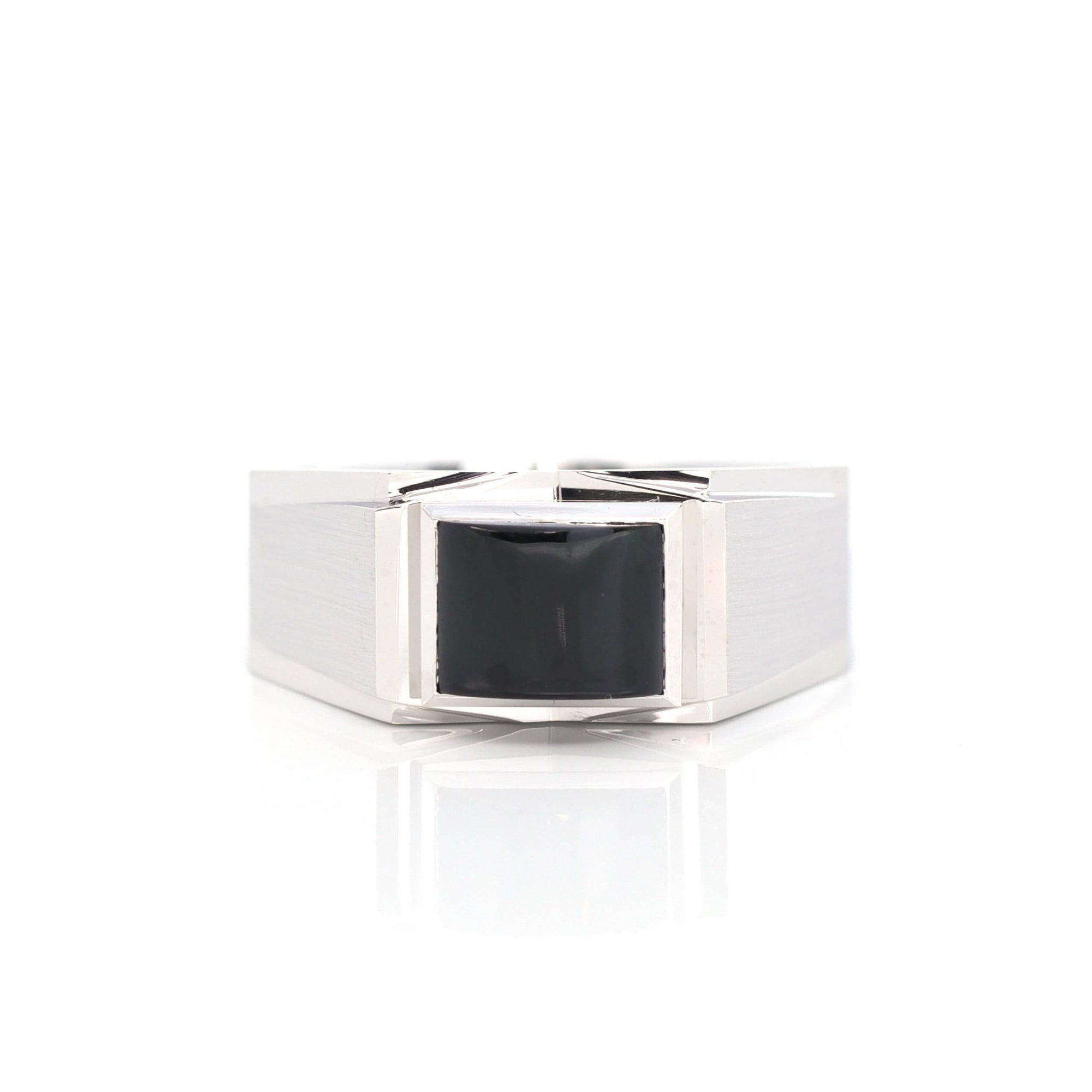 Baikalla Jewelry Baikalla™ "Emerald Cabochon" Genuine Burmese Emerald Cut Black Jadeite Jade Ring