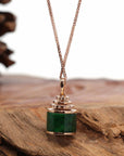 Baikalla Jewelry 18k Gold Jadeite Necklace 18K Rose Gold Genuine Jadeite Jade Prayer Wheel Flower Pendant with Diamonds