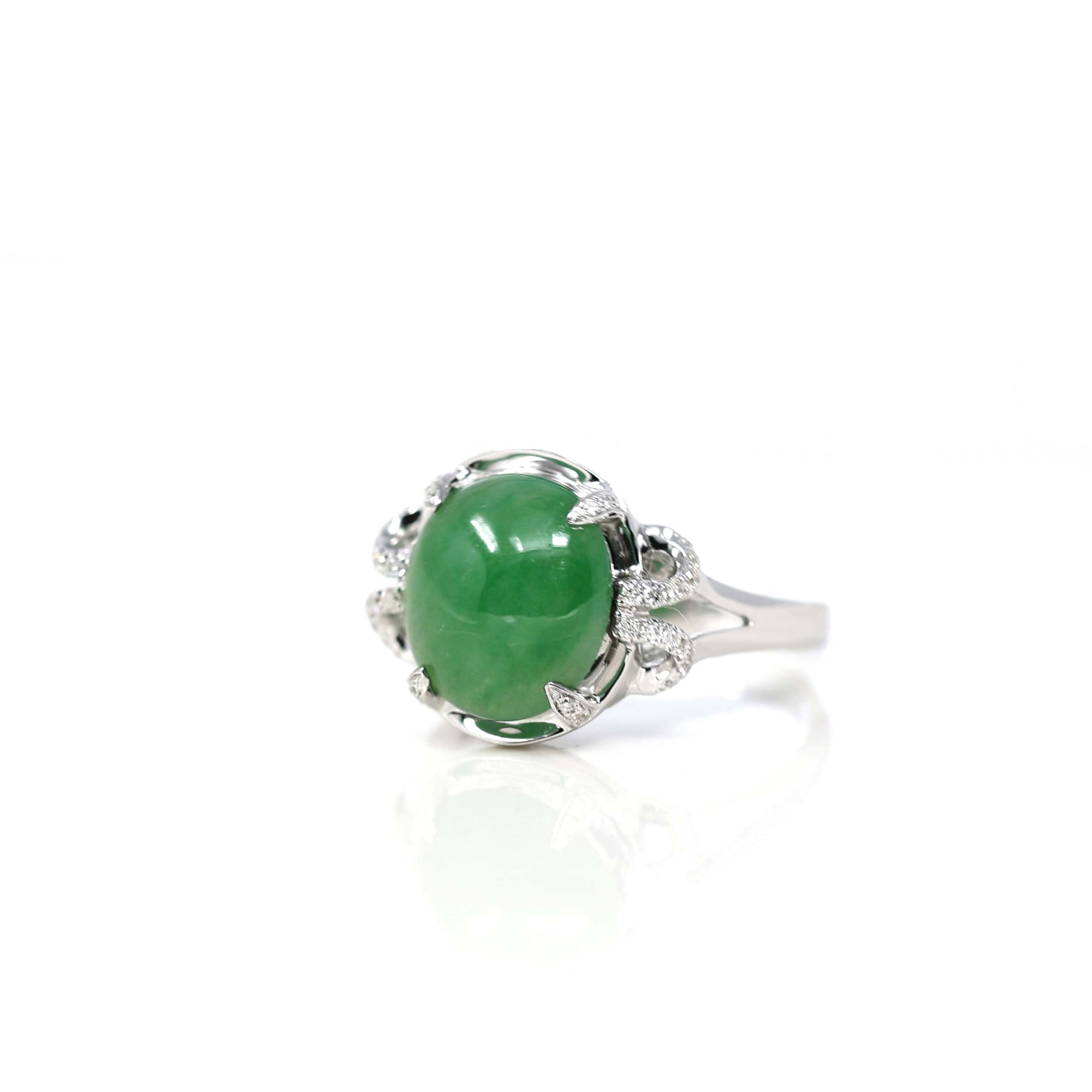 Baikalla Jewelry Jadeite Engagement Ring 18k White Gold Natural Imperial Green Oval Jadeite Jade Engagement Ring With Diamonds