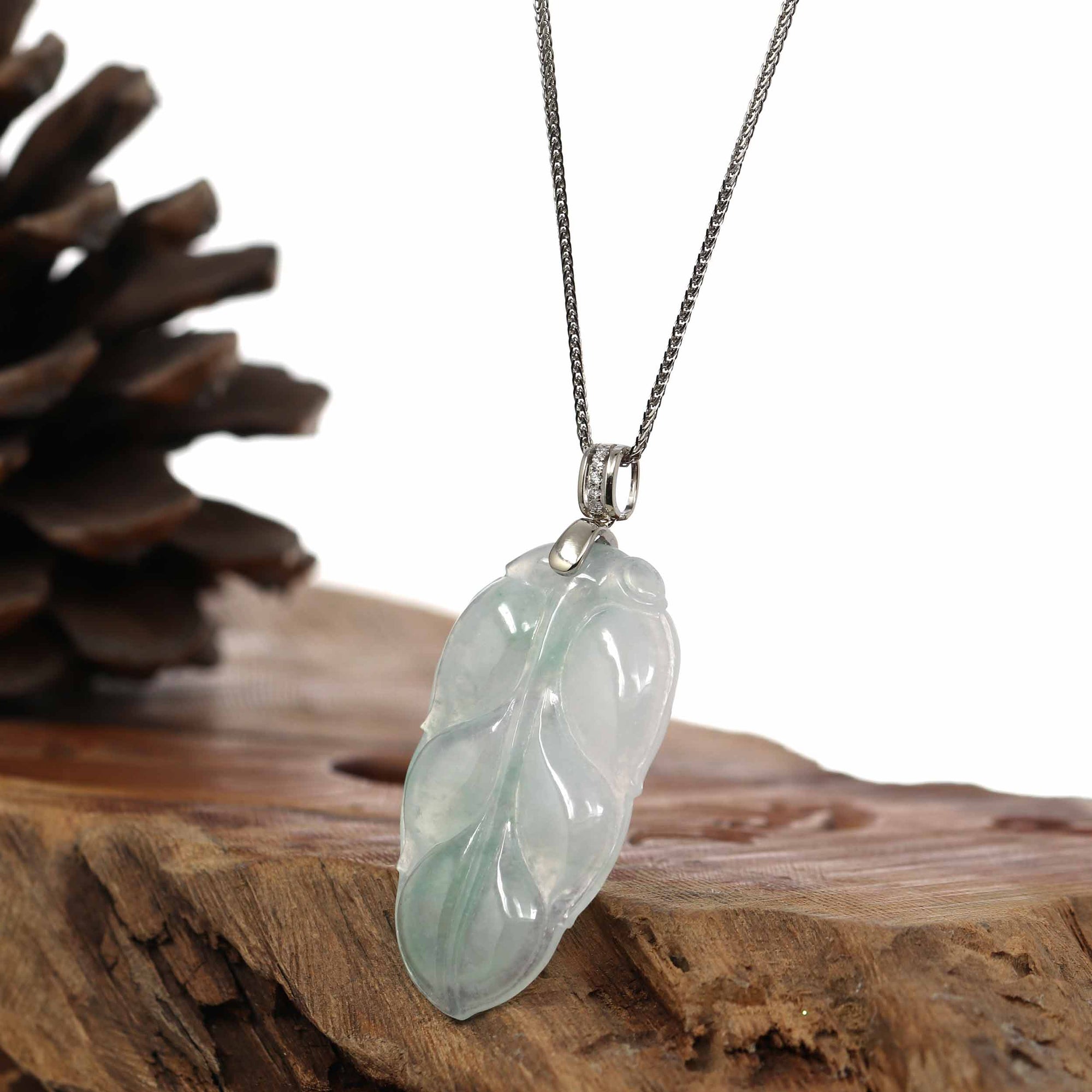 Baikalla Jewelry Jade Guanyin Pendant Necklace Genuine Ice Jadeite Jade Jin Zhi Yu Ye (Leaf) Necklace With White Gold VSI Diamond Bail