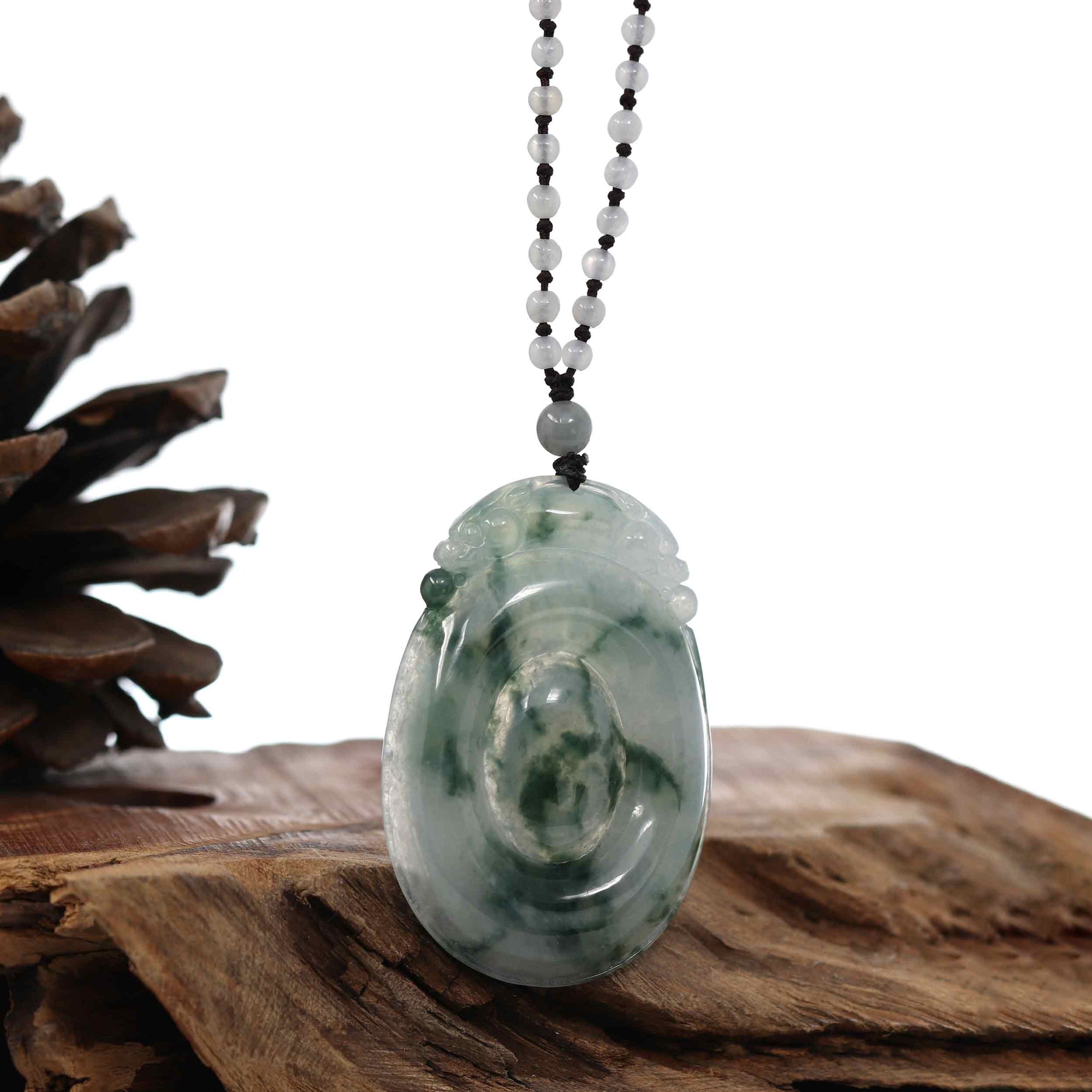 Baikalla Jewelry Jade Pendant Necklace Genuine Ice Blue-Green Jadeite Jade "Good Luck Oval with Dragon Accent" Pendant Necklace With Real Jadeite Bead Necklace