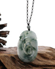 Baikalla Jewelry Jade Pendant Necklace Genuine Ice Blue-Green Jadeite Jade "Good Luck Oval with Dragon Accent" Pendant Necklace With Real Jadeite Bead Necklace