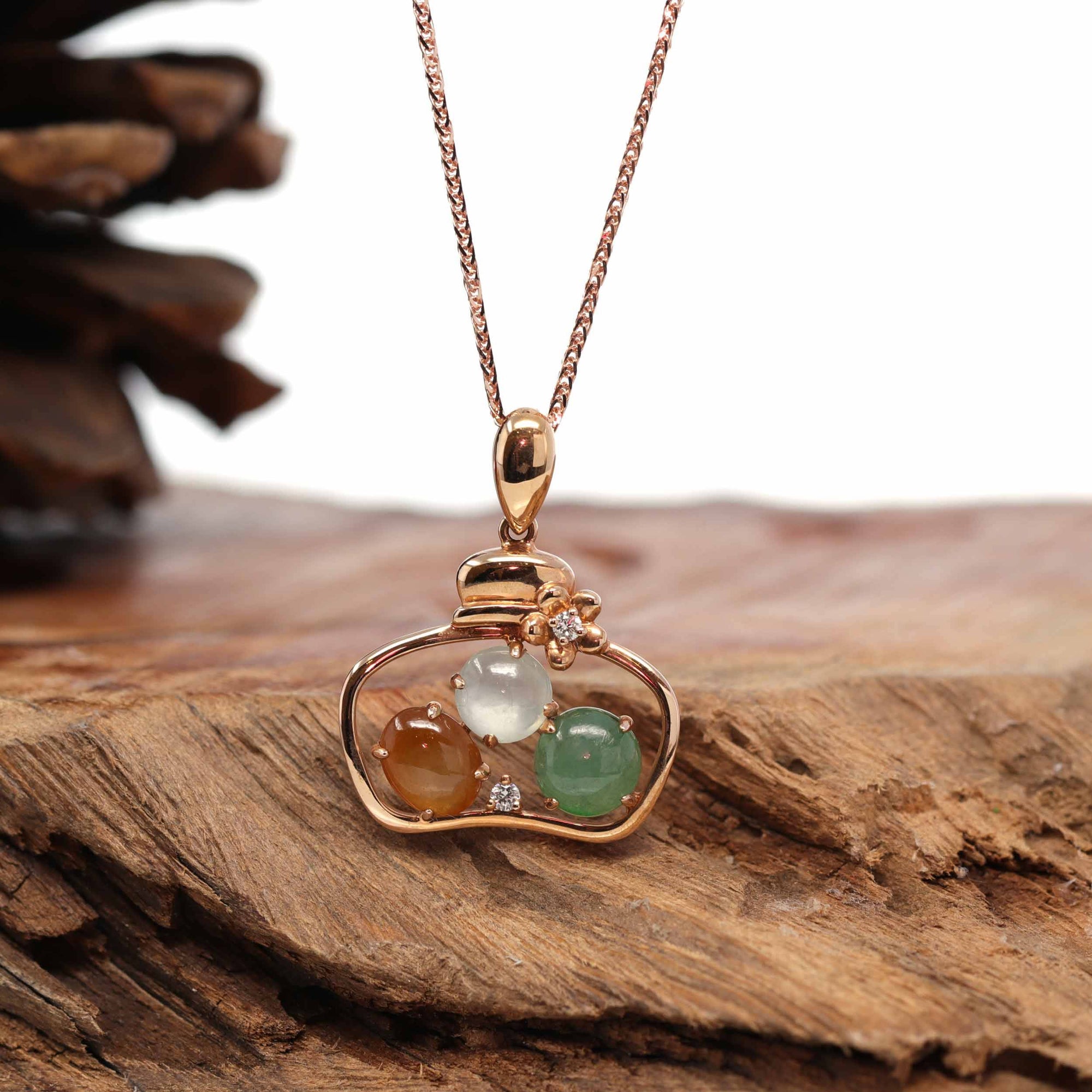 Baikalla Jewelry 18k Gold Jadeite Necklace 18K Rose Gold &quot;Lucky Goodie Bottle&quot; Multi-Color Jadeite Jade Cabochon Necklace with Diamonds