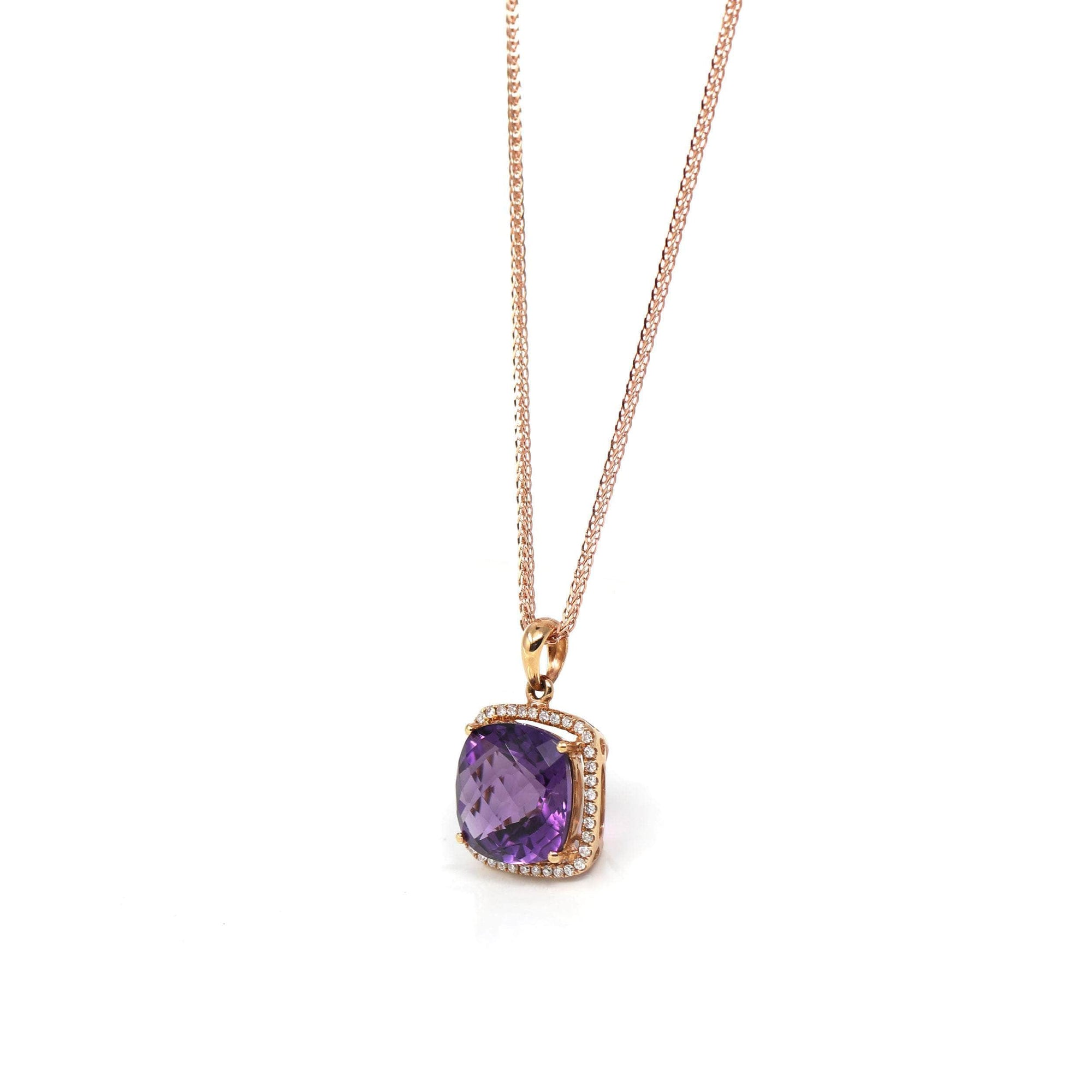 Baikalla Jewelry Gemstone Pendant Necklace 18K Rose Gold AA Royal Amethyst Cushion Cut Pendant Necklace With Diamonds