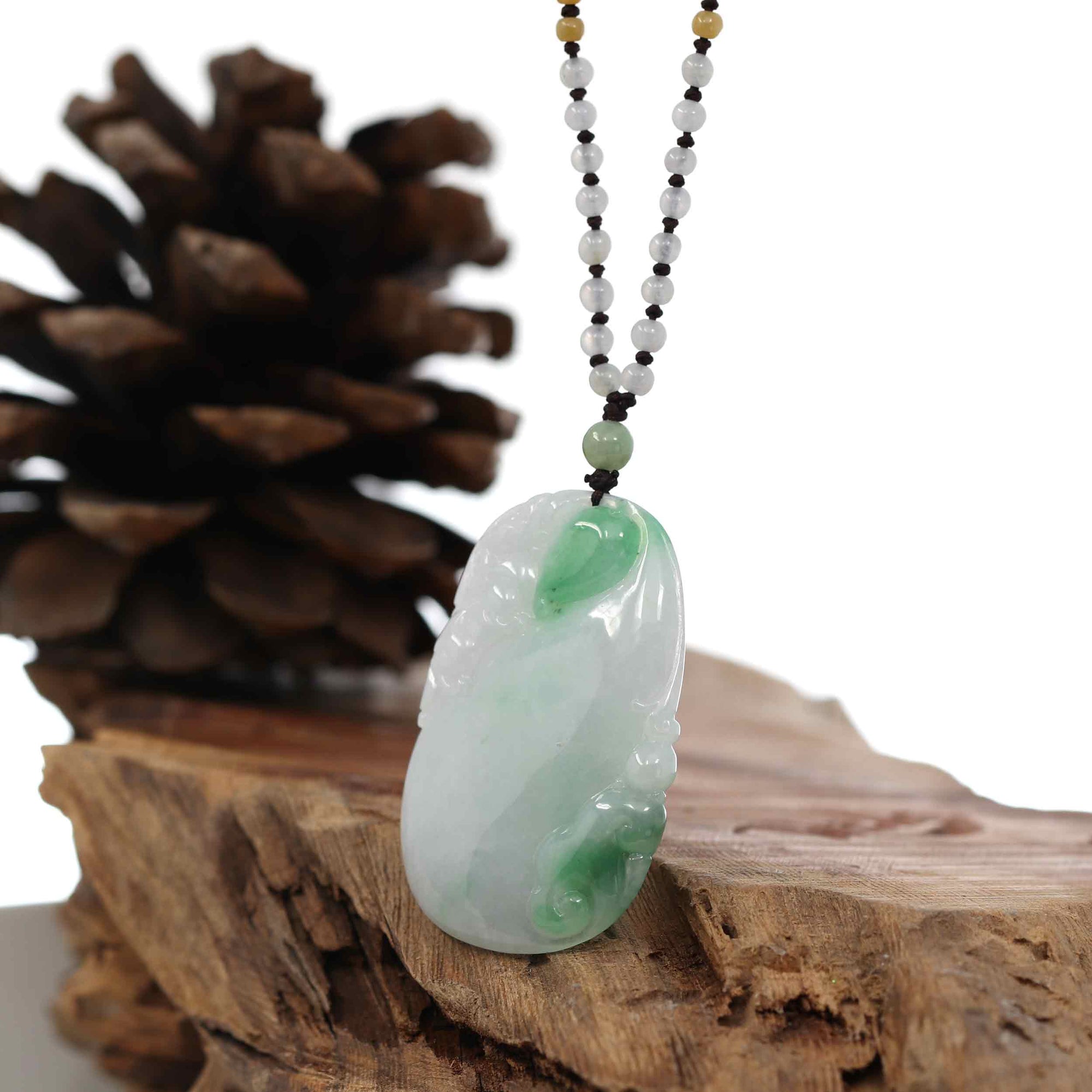 Baikalla Jewelry Jade Pendant Necklace Genuine Green Jadeite Jade &quot;Longevity peach with lucky Pixiu Accent&quot; Pendant Necklace With Real Jadeite Bead Necklace