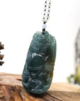 Baikalla Jewelry Jade Carving Necklace Baikalla™ The Demon Hunter" (Zhong Kui)Natural Jadeite Dark Green to Deep Blue Jade Necklace, Collector's piece