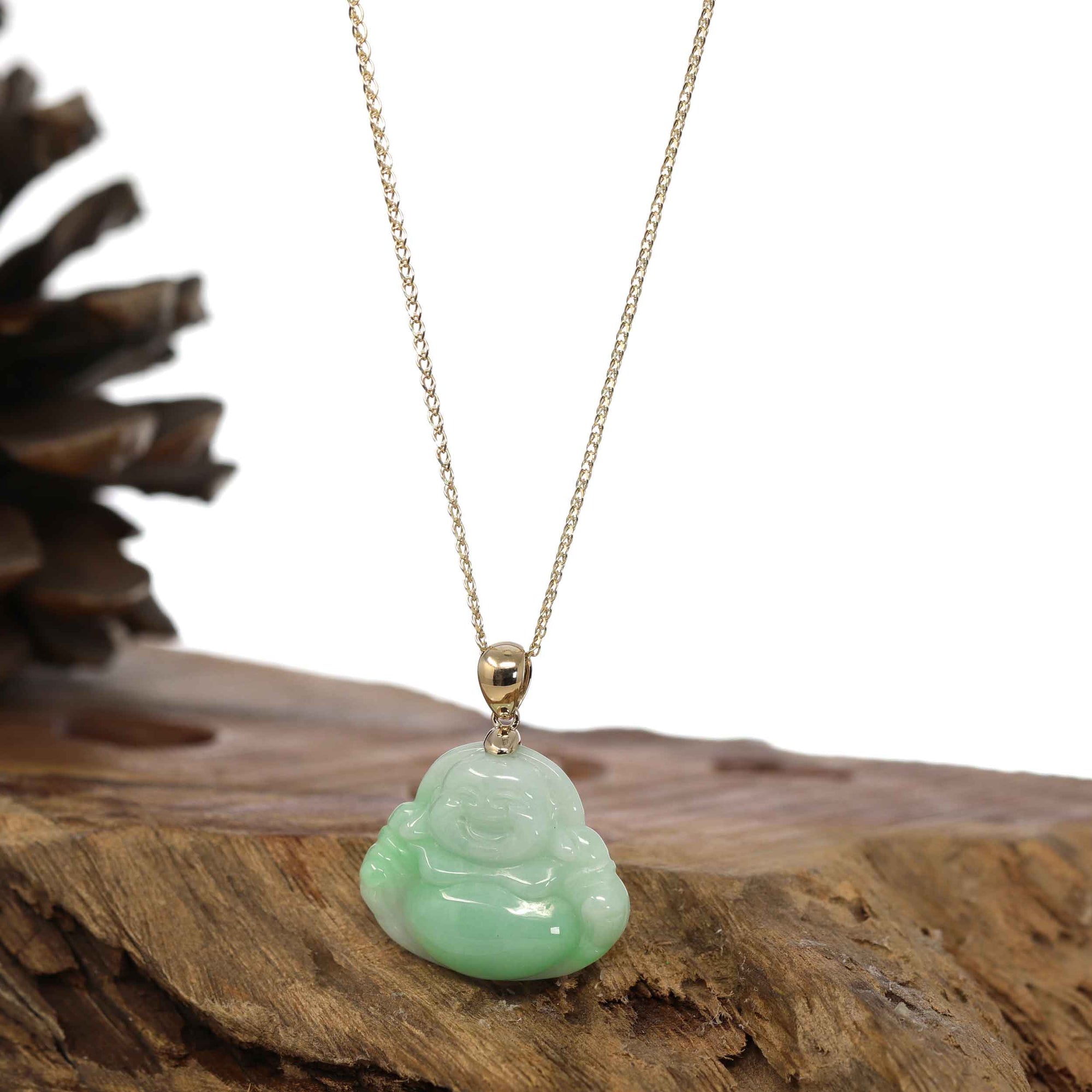 Baikalla Jewelry Gold Jadeite Jade Pendant Necklace Natural Burmese Jadeite Jade Happy Buddha With 14k Yellow Bail