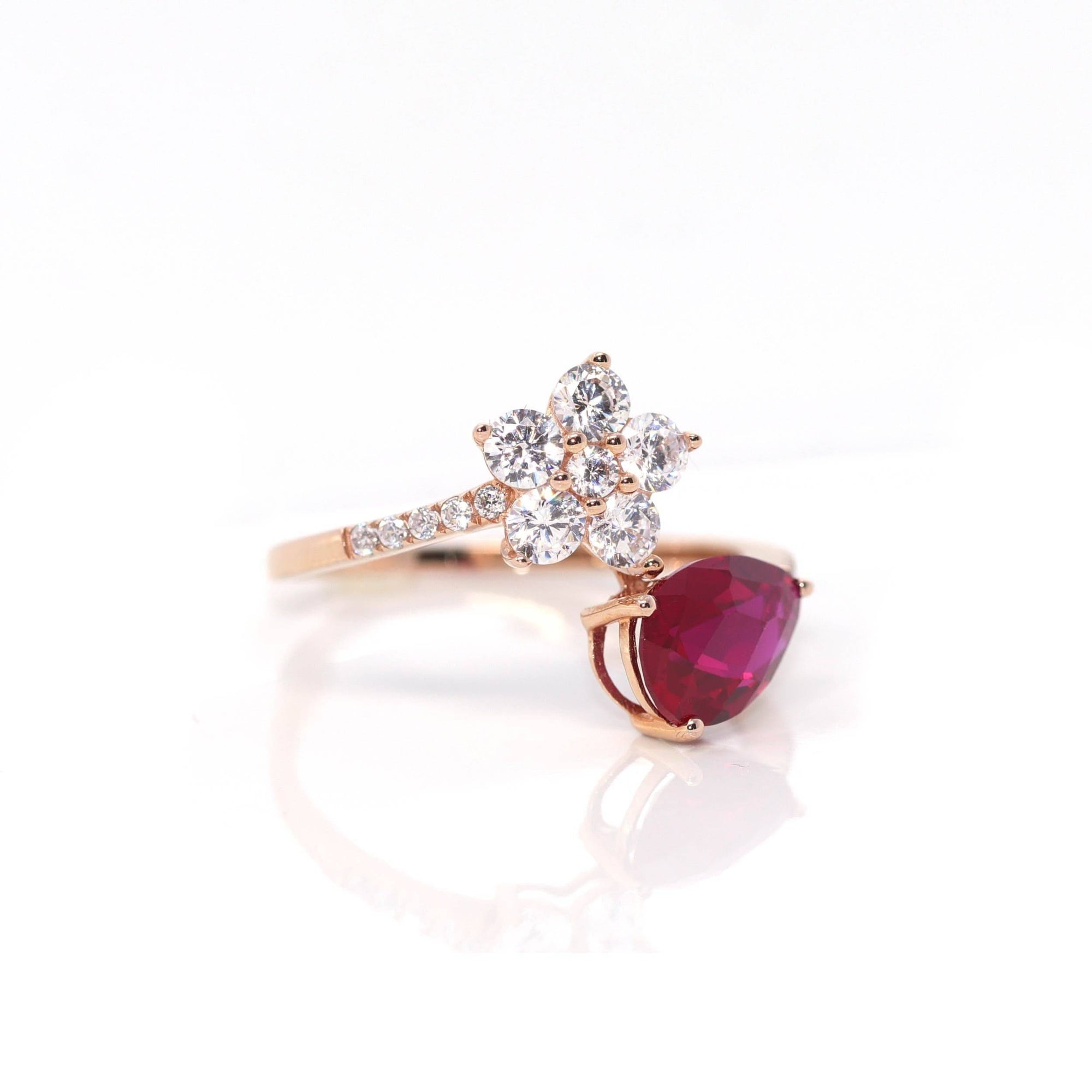 Baikalla Jewelry Gold Sapphire Ring 18k Rose Gold Lab-Created Ruby Ring With CZ