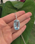 14k White Gold Natural Swiss Blue Topaz Elongated Cushion Necklace With Diamonds