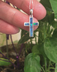 Baikalla™ Sterling Silver Freeform Australian Blue Natural Opal Bezel Set Cross Necklace