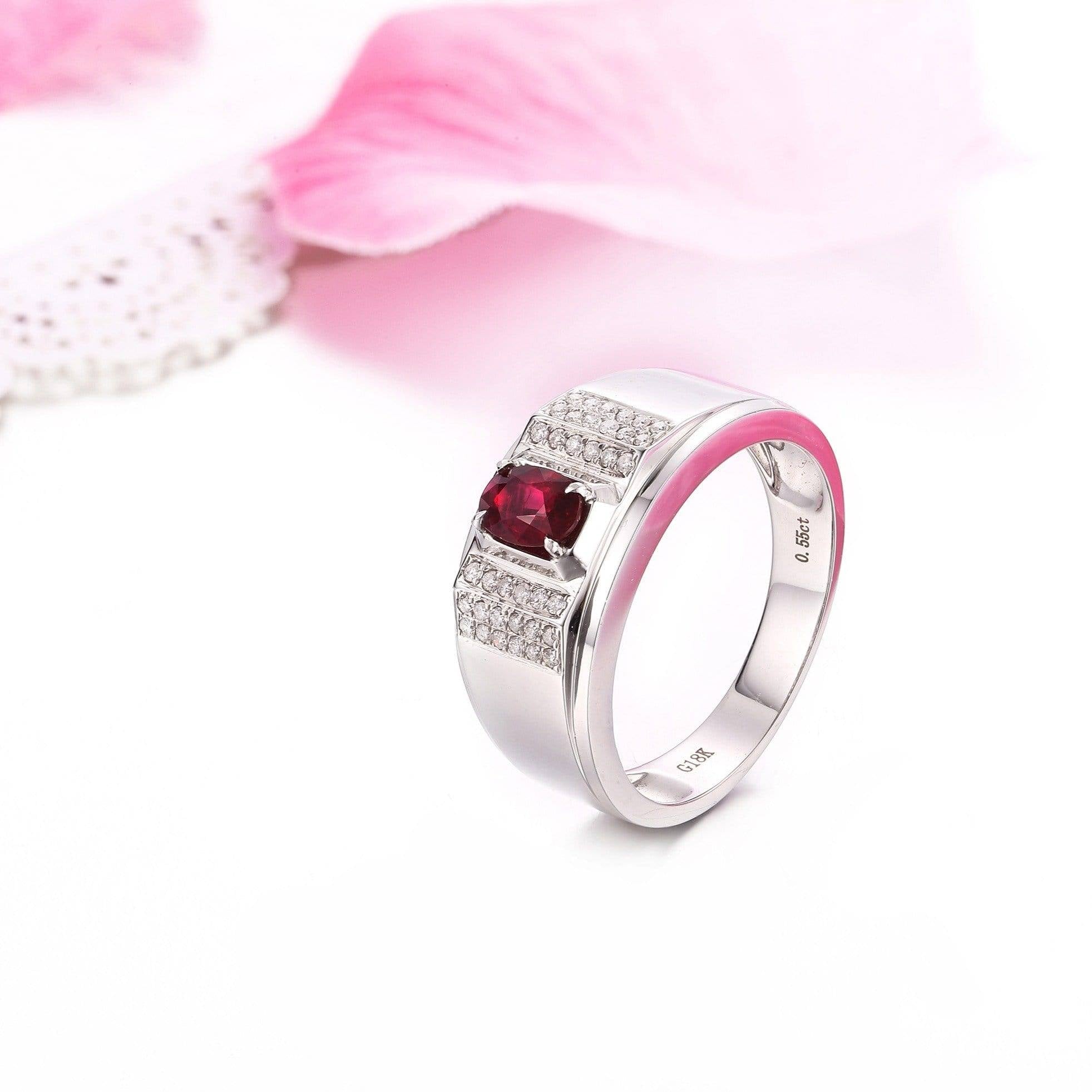 Baikalla Jewelry Gold Men&#39;s Ring 18k White Gold Natural 0.55 ct Ruby Men&#39;s Halo Ring with Diamonds