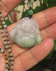 Baikalla™ " Laughing Buddha" Genuine Green and Lavender Jadeite Buddha Pendant Necklace With Jadeite Beads Necklace