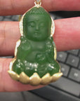 14K Yellow Gold Genuine Nephrite Green Jade GuanYin Baby Buddha Pendant Necklace