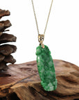 Baikalla Jewelry Jade Guanyin Pendant Necklace Genuine Apple Green- White Jadeite Jade Fu Zai Yan Qian Pendant Necklace With 14K Yellow Gold Bail