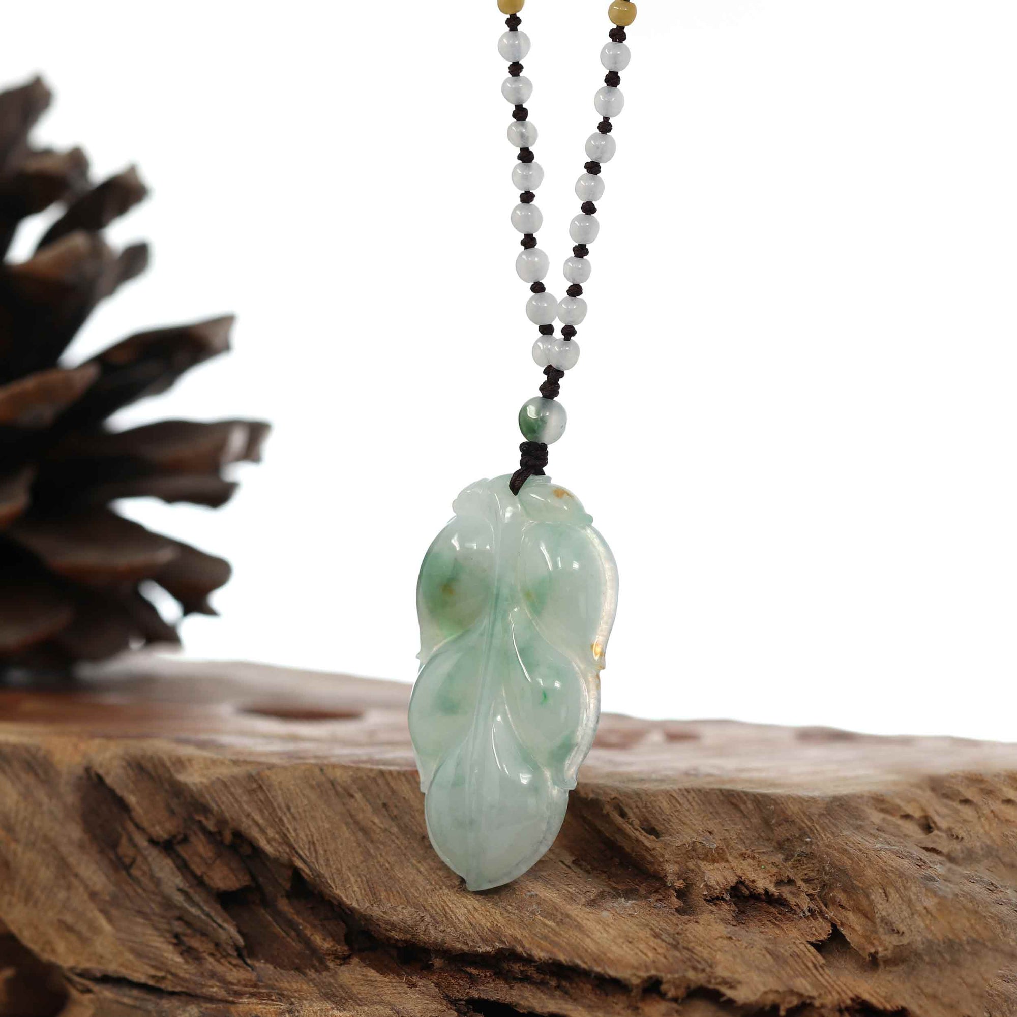 Baikalla Jewelry Jade Pendant Necklace Genuine Ice Blue-Green Jadeite Jade "Good Fortune Leaf" Pendant Necklace With Real Jadeite Bead Necklace