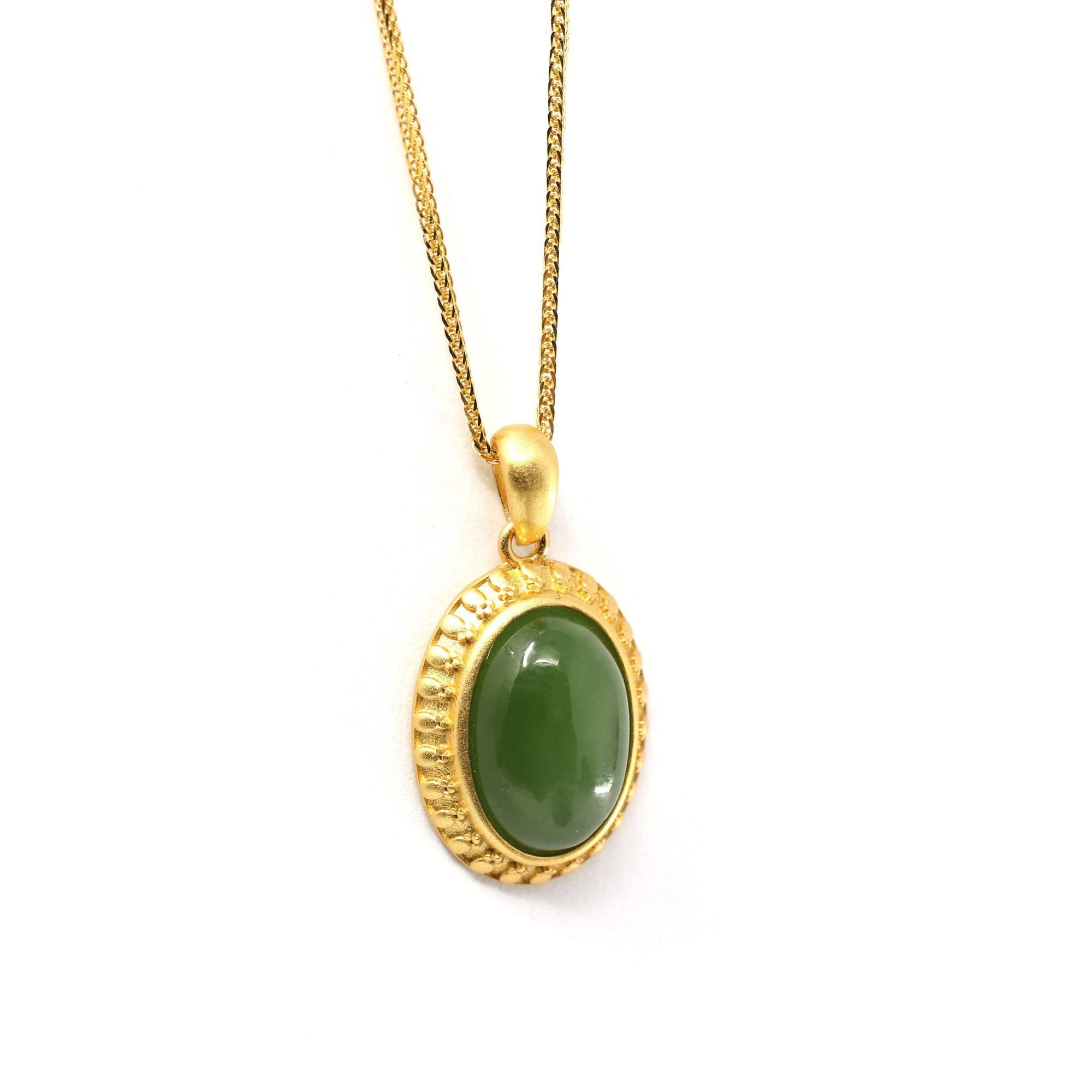 Baikalla Jewelry Jade Pendant Necklace Baikalla™ "Lucky Oval Jade" Sterling Silver Nephrite Green Jade Classic Pendant Necklace