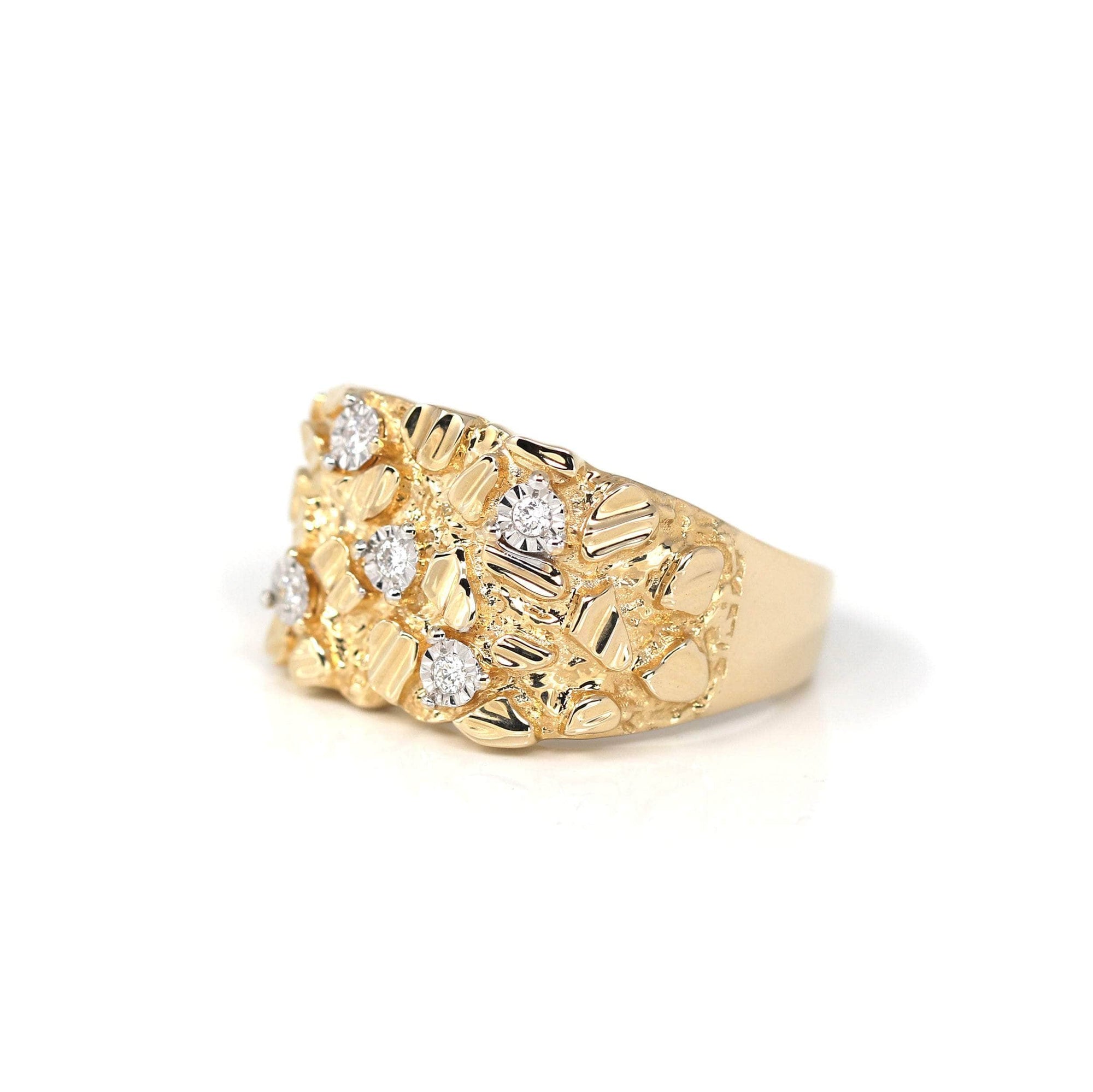 Baikalla Jewelry Gold Diamond Men&#39;s Ring 14k Solid Yellow Gold Nugget VS1 Diamond Men&#39;s Big Band Ring