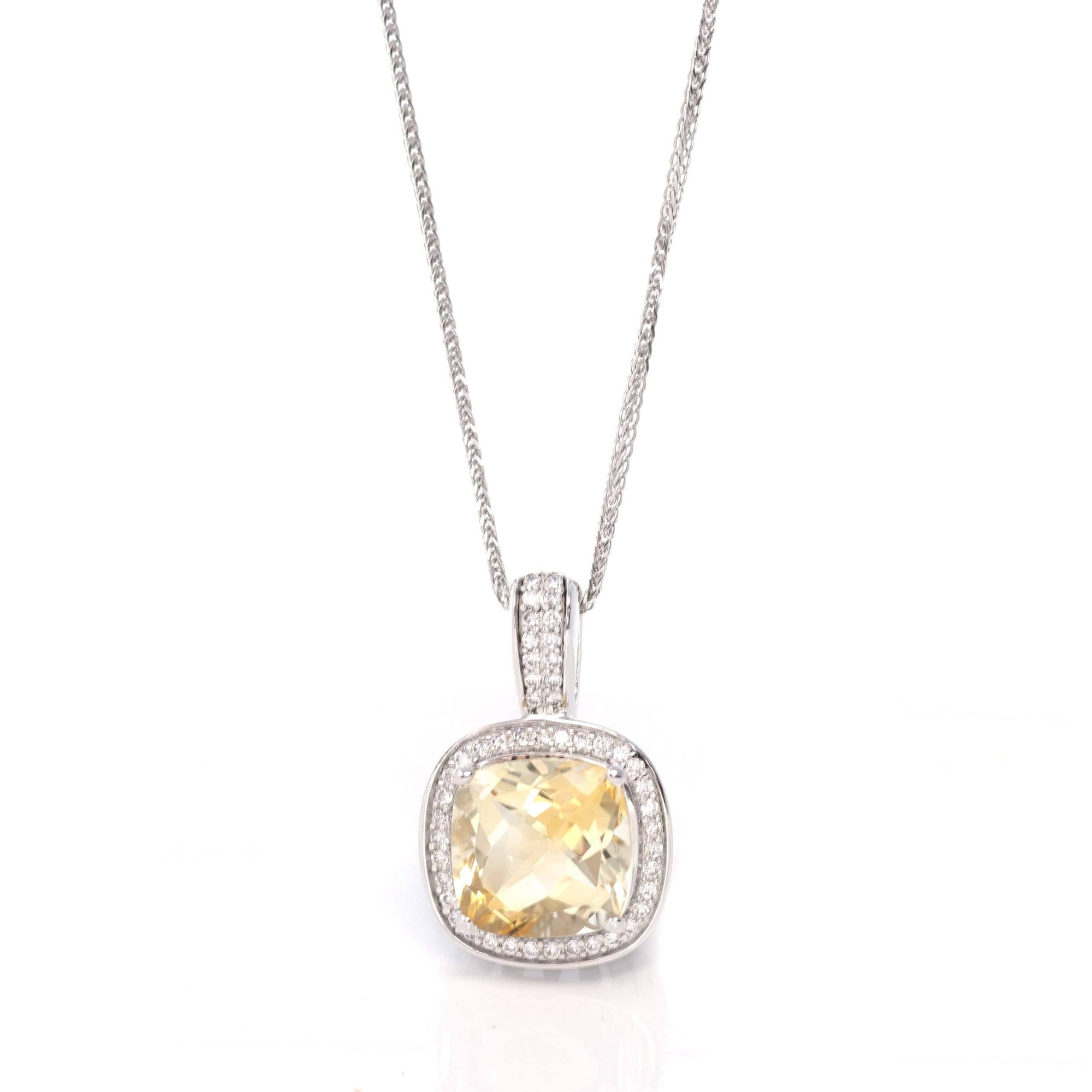 Baikalla Jewelry Silver Citrine Necklace Sterling Silver Natural Cushion Cut Citrine Necklace With CZ