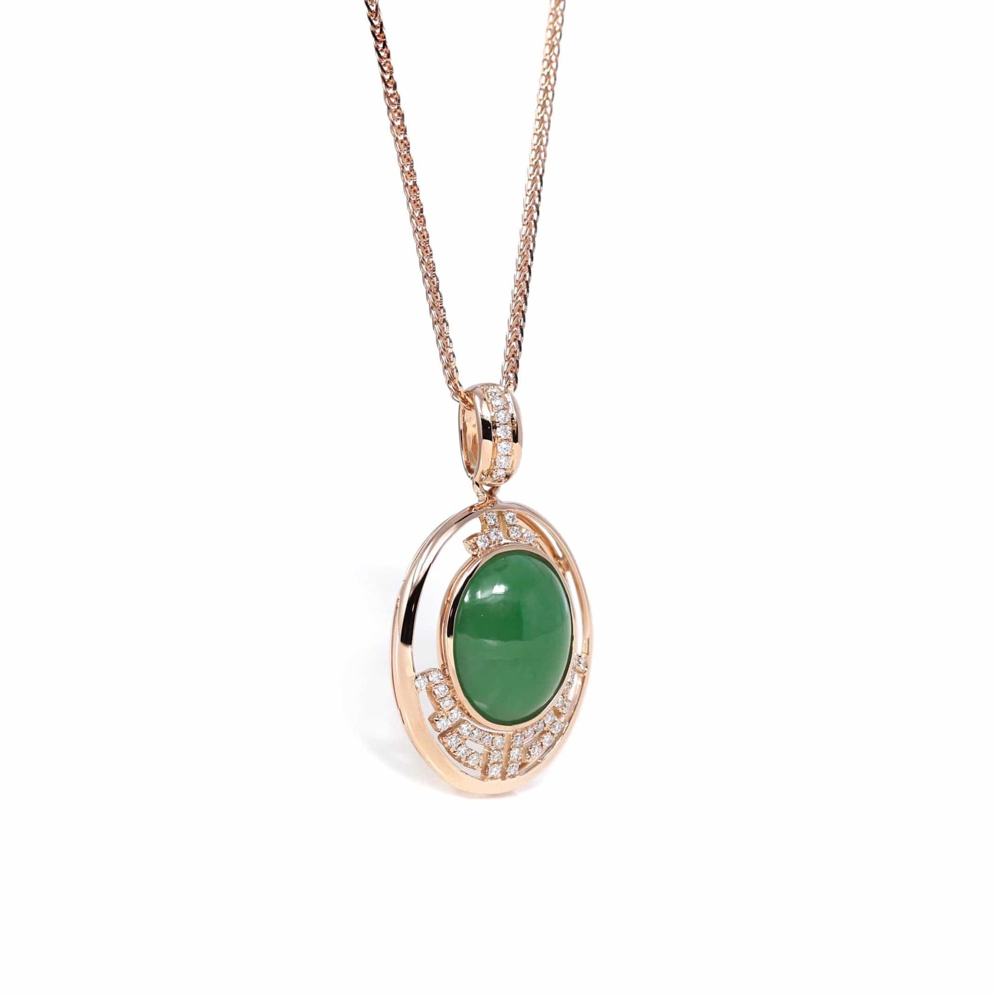 Baikalla Jewelry 18k Gold Jadeite Necklace 18K Rose Gold Oval Imperial Jadeite Jade Cabochon Necklace with Diamonds