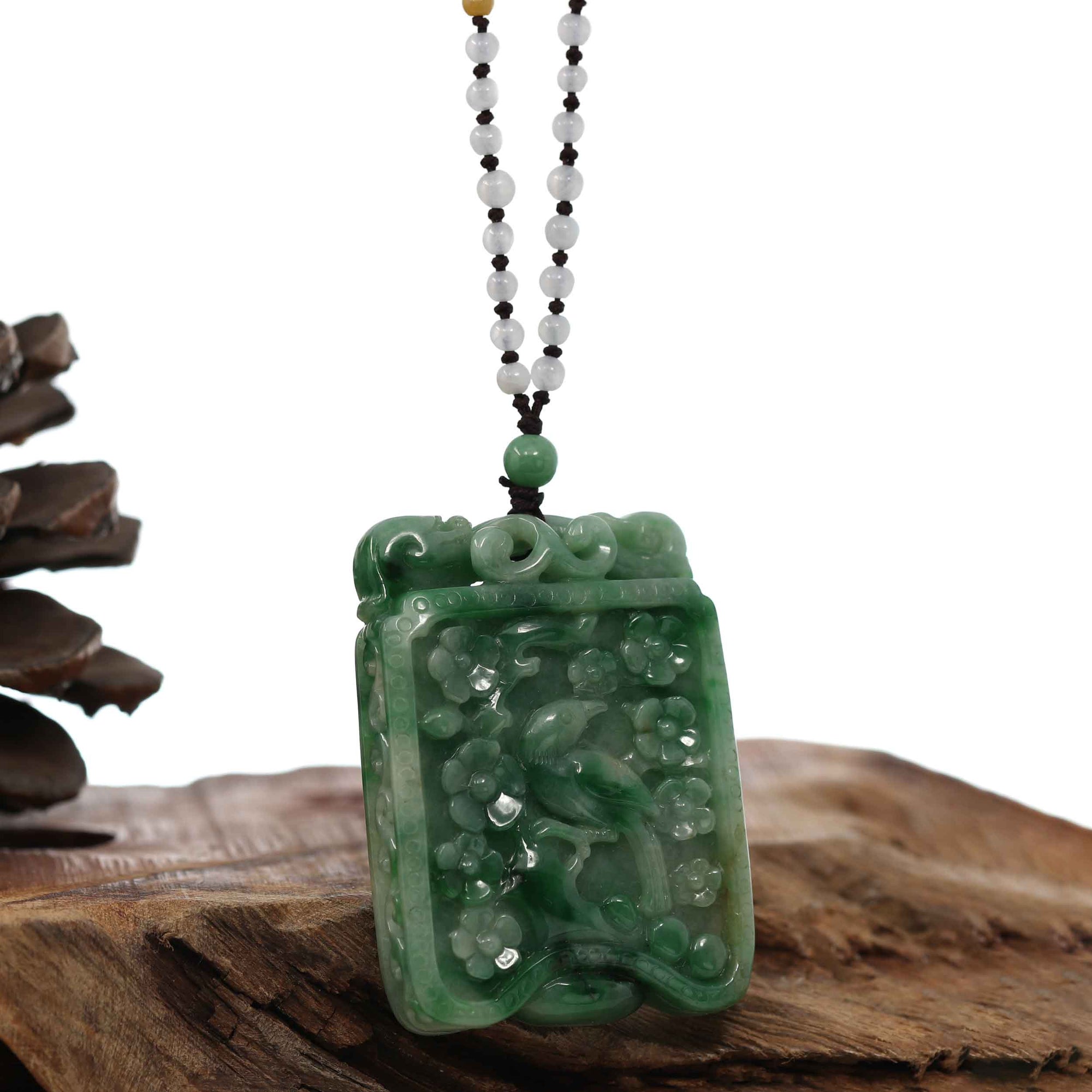 Baikalla Jewelry Jade Guanyin Pendant Necklace Genuine Green Jadeite Jade "Lucky Bird on Branch" Pendant Necklace With Real Jadeite jade Beads Necklace