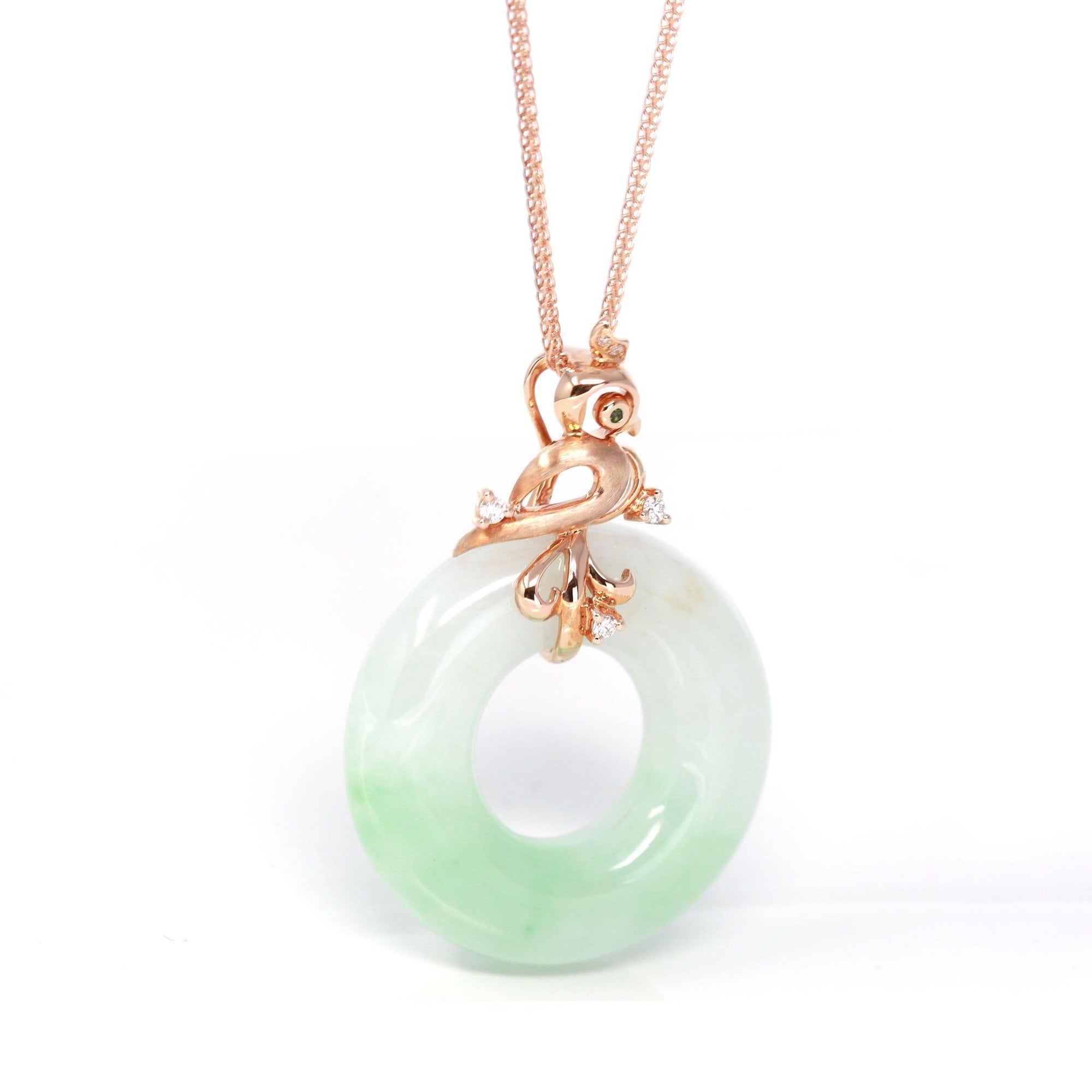 Baikalla Jewelry 18k Gold Jadeite Necklace Baikalla™ "Good Luck Birdie" 18k Rose Gold Genuine Burmese Jadeite Lucky Pendant Necklace With AA Tourmaline & Diamonds