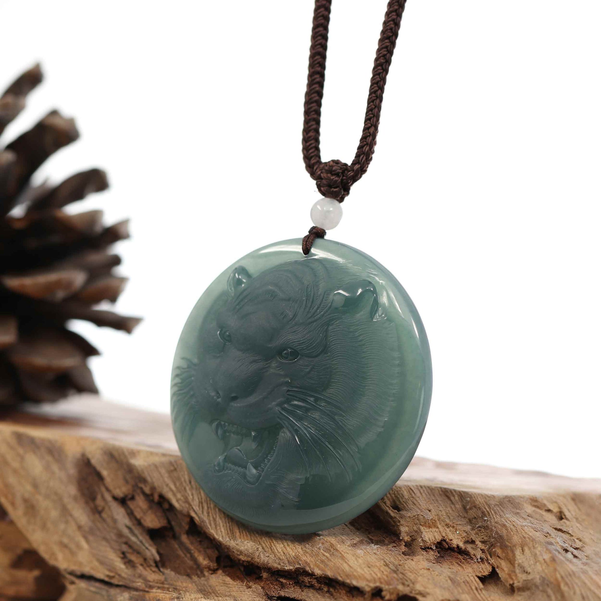 Baikalla Jewelry Jade Carving Necklace Natural Deep Blue Green Jadeite Jade "Roaring Tiger" Pendant Necklace For Men, Collectibles.